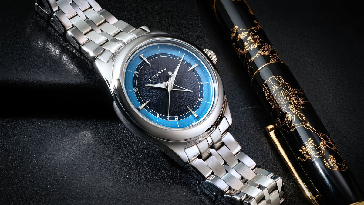 Direnzo DRZ-08 Cosmonaire GMT with blue layered dial, elliptical steel case and bracelet