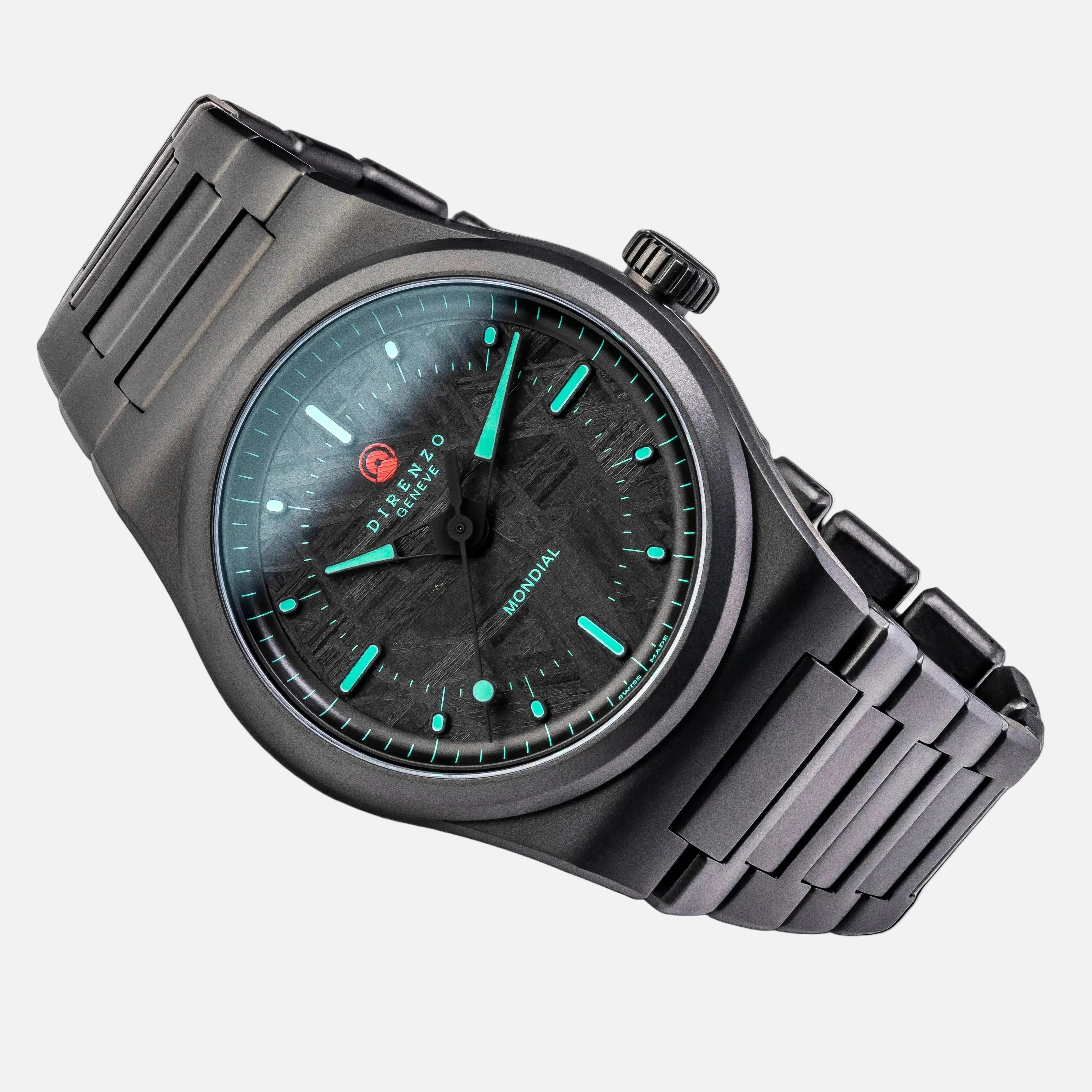 Black wristwatch with green accents on a white background 04R PVD