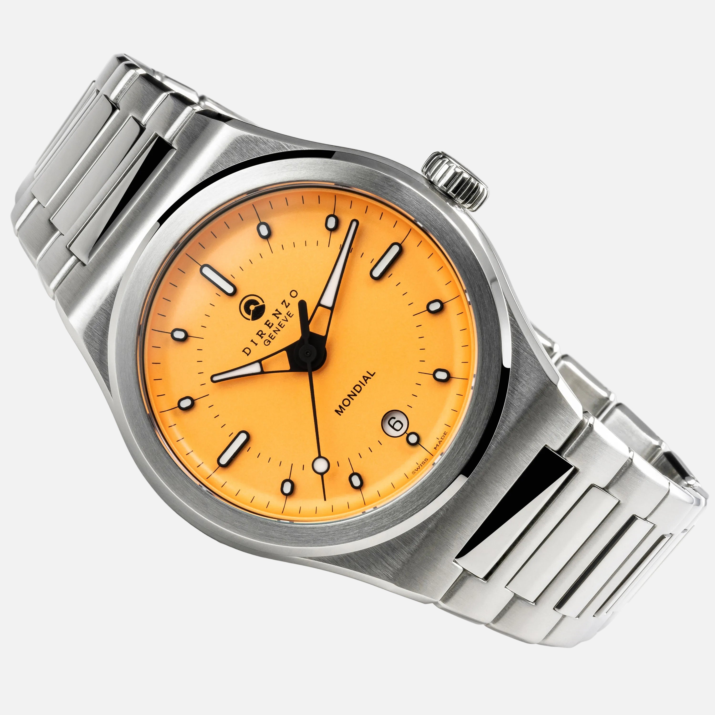 Silver watch with an orange face on a white background