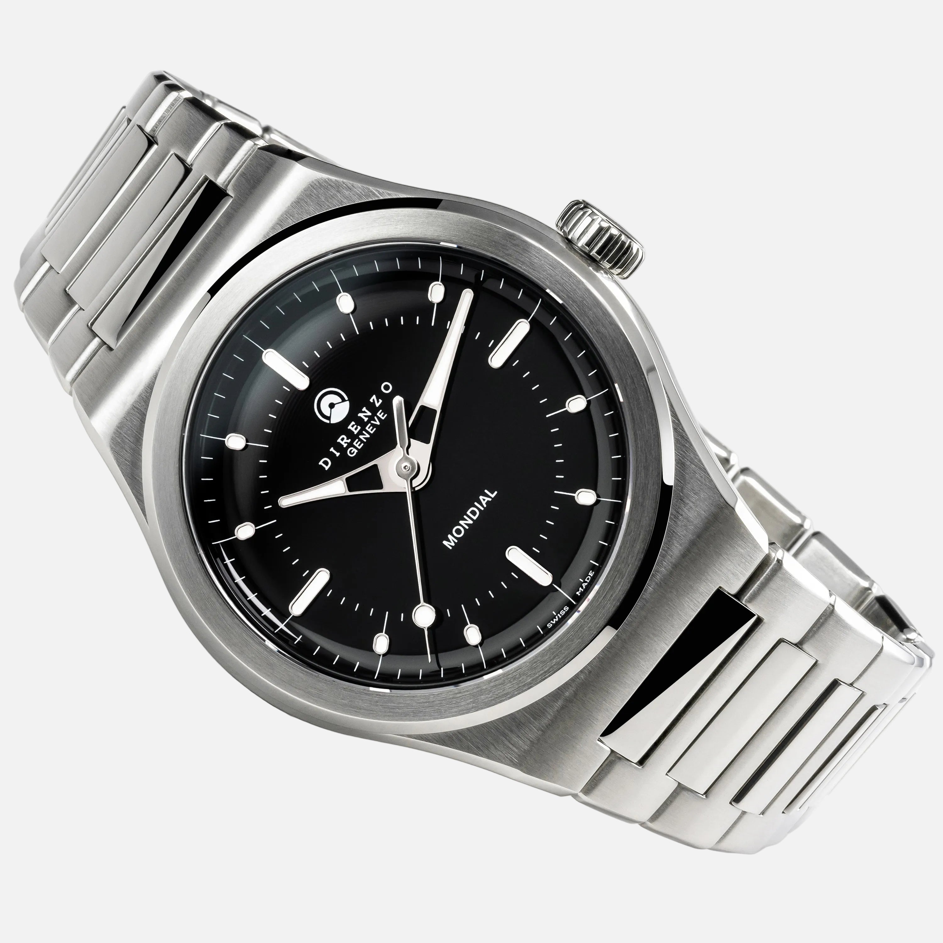 Silver watch with black dial on a white background