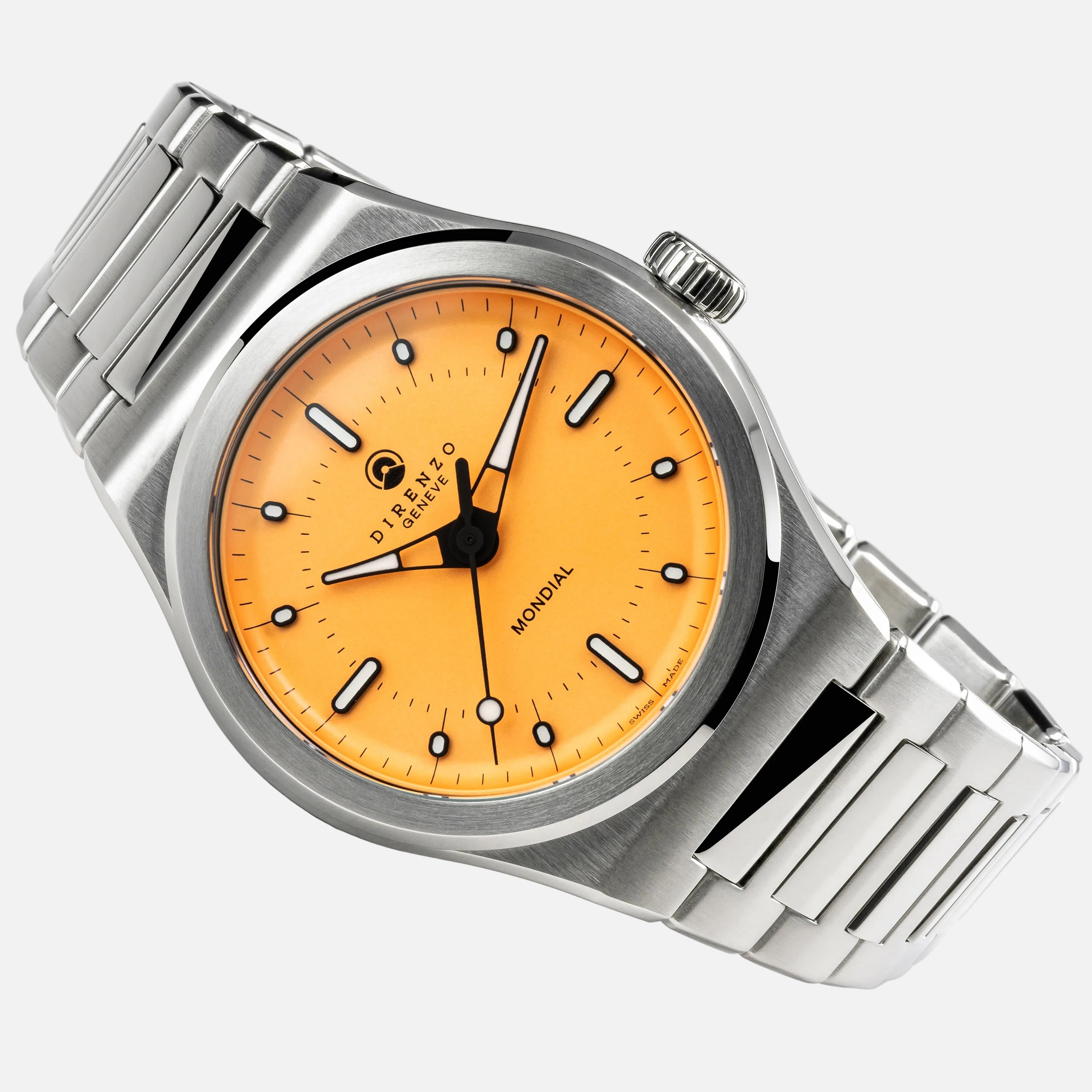Silver watch with orange face on a white background