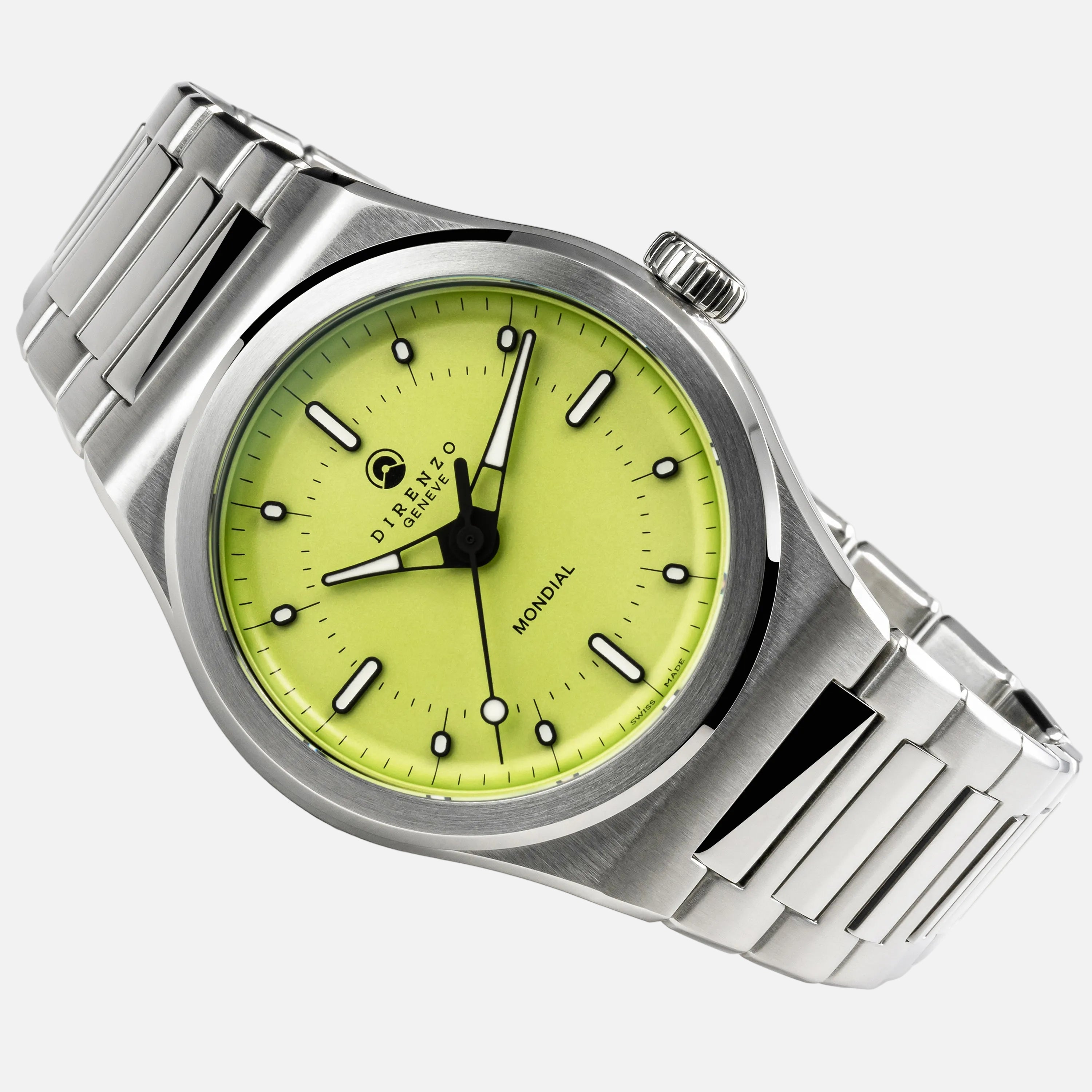 Silver watch with a green face on a white background
