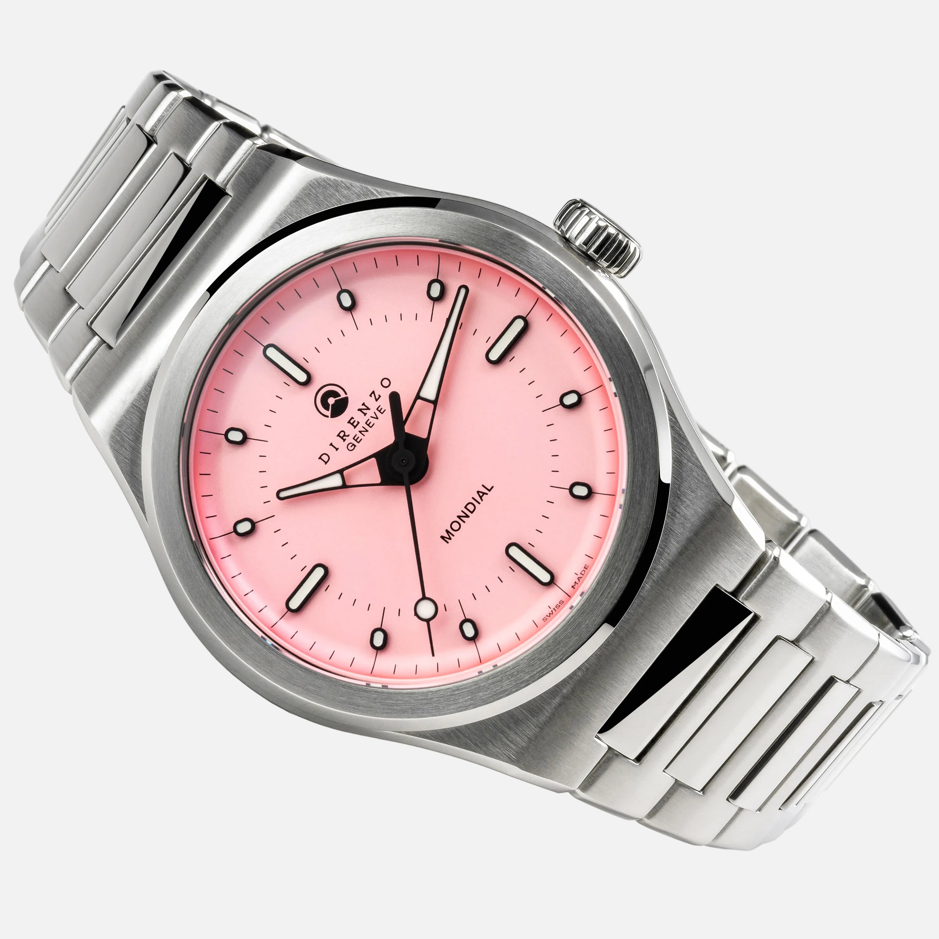 Silver watch with a pink face on a white background