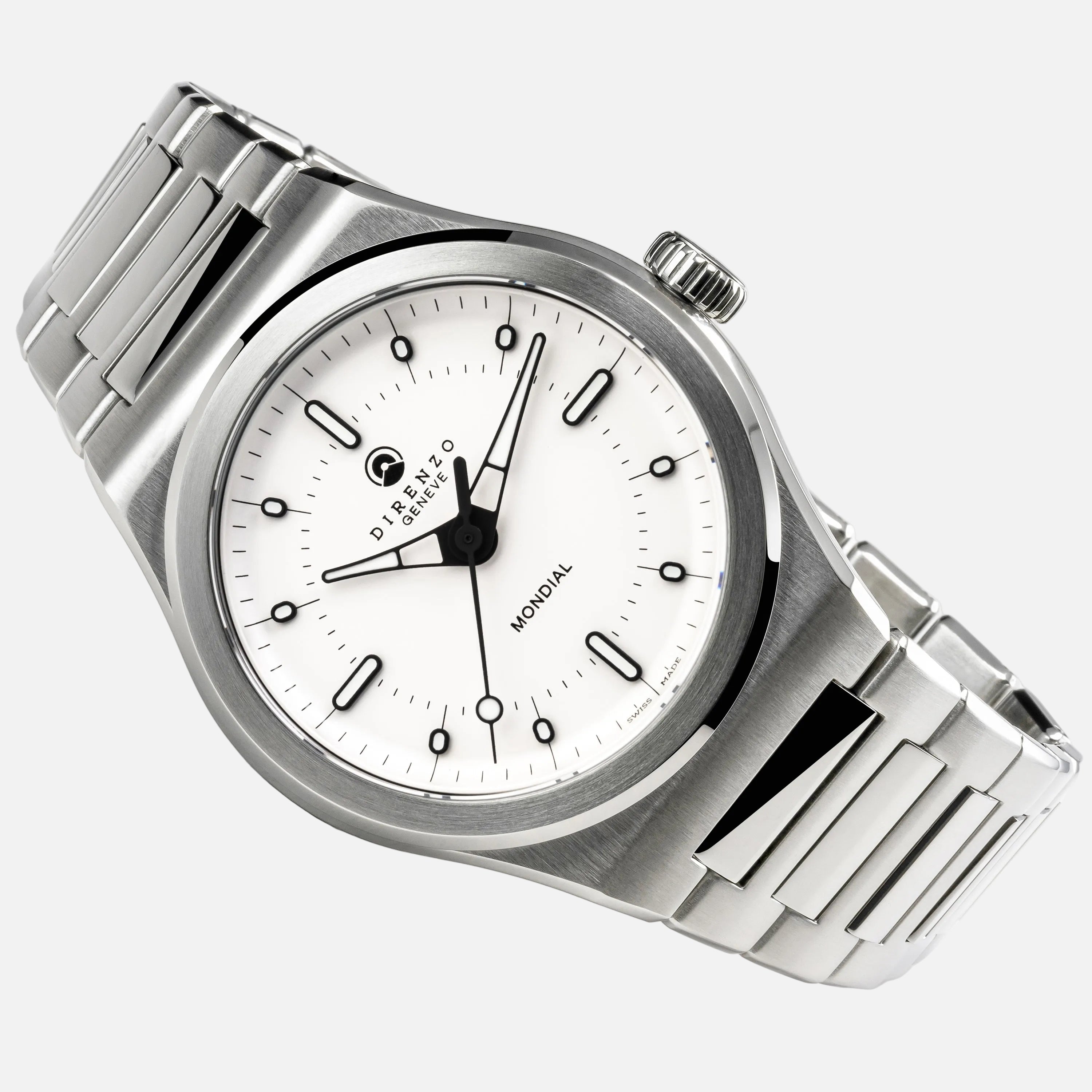 Silver watch with a white face on a light gray background