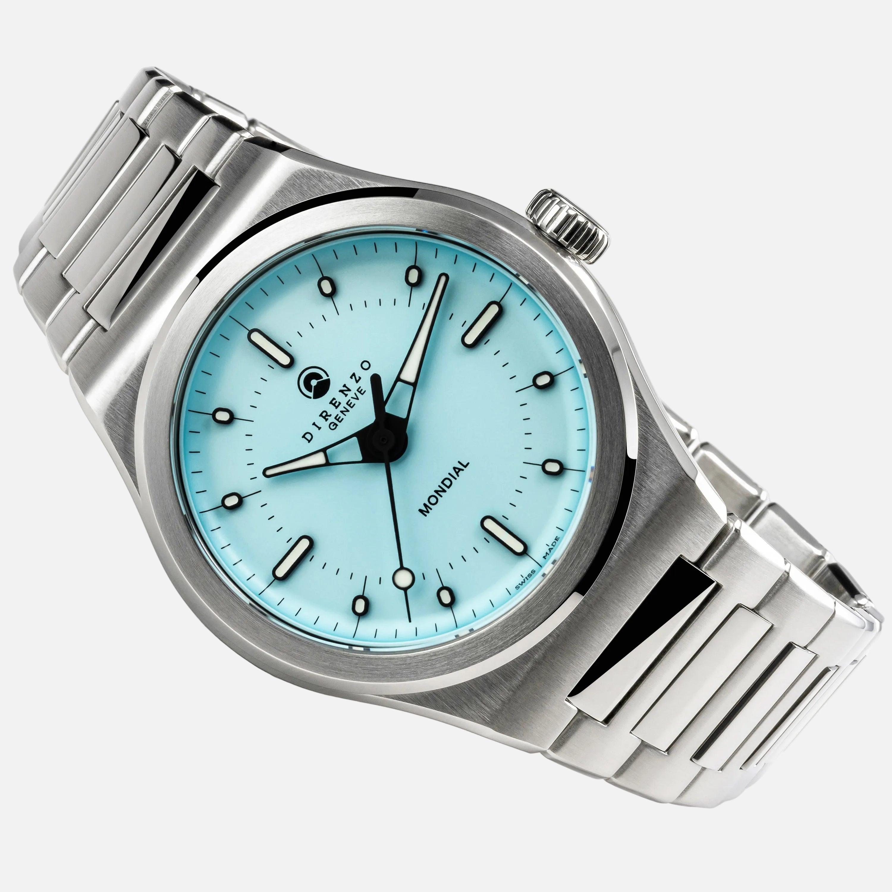 Silver watch with a light blue face on a white background
