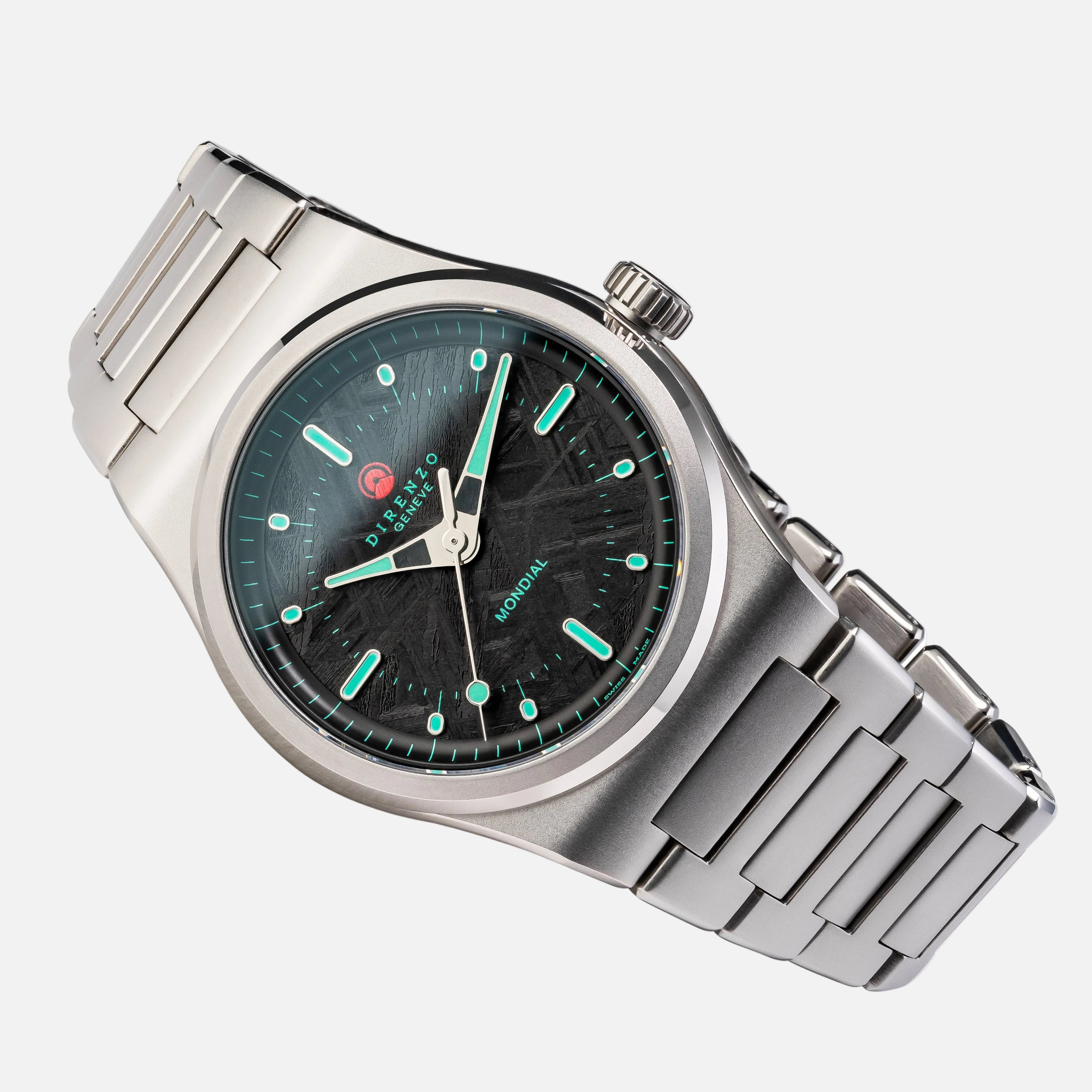 Silver watch with black face and green accents on a white background