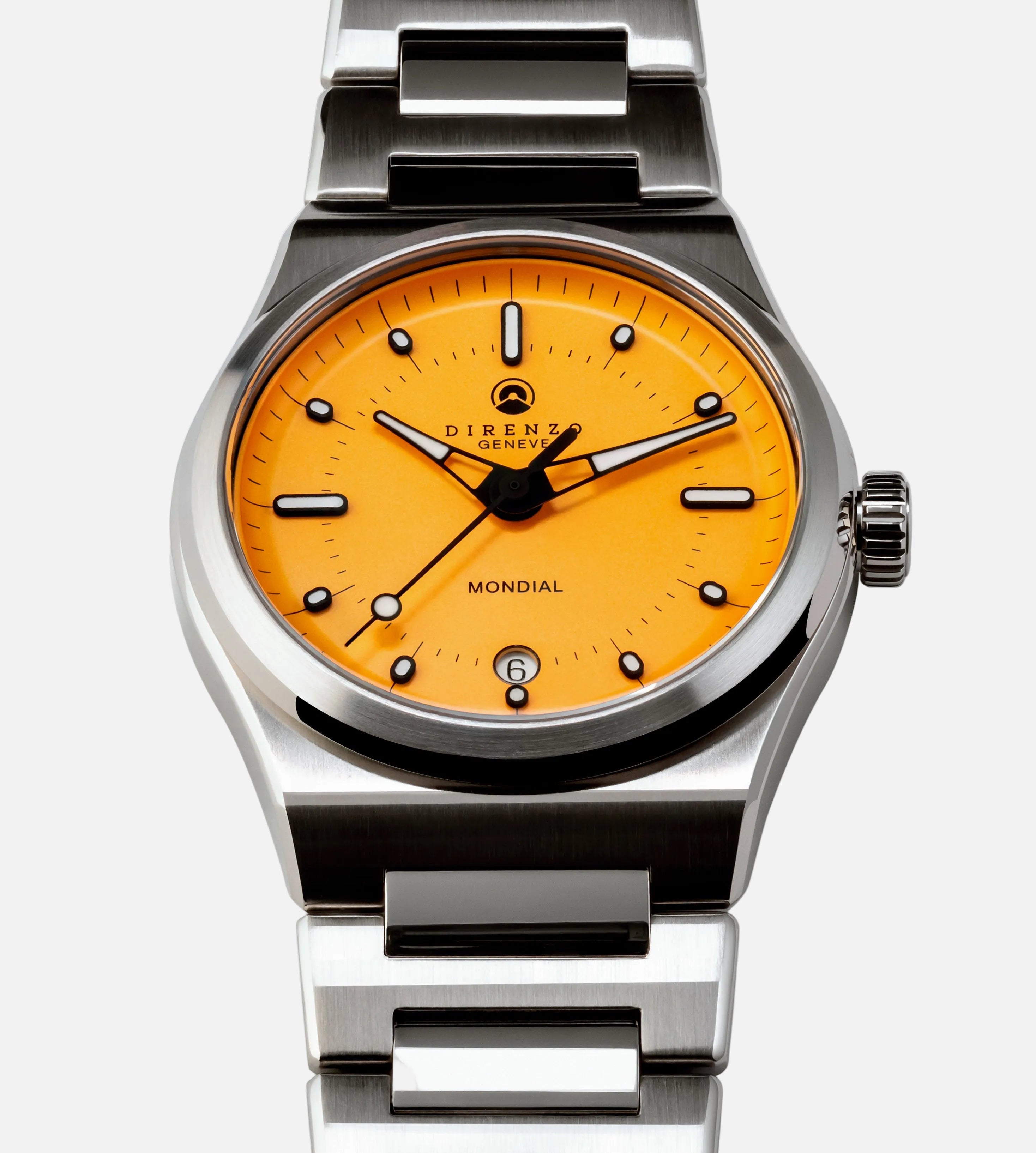 Wristwatch with orange dial and silver metal strap on a white background