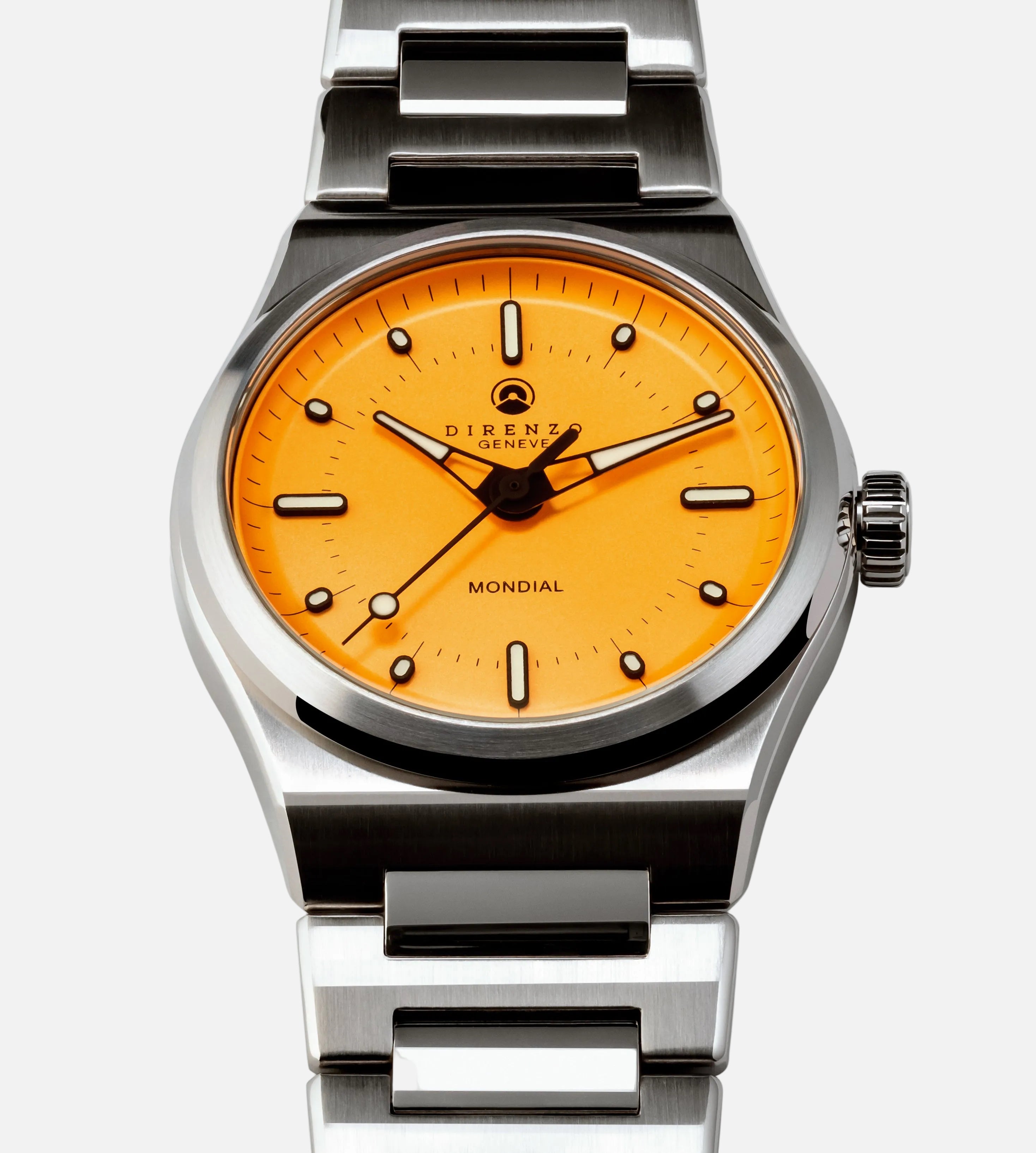 Wristwatch with orange dial and silver metal strap on a white background