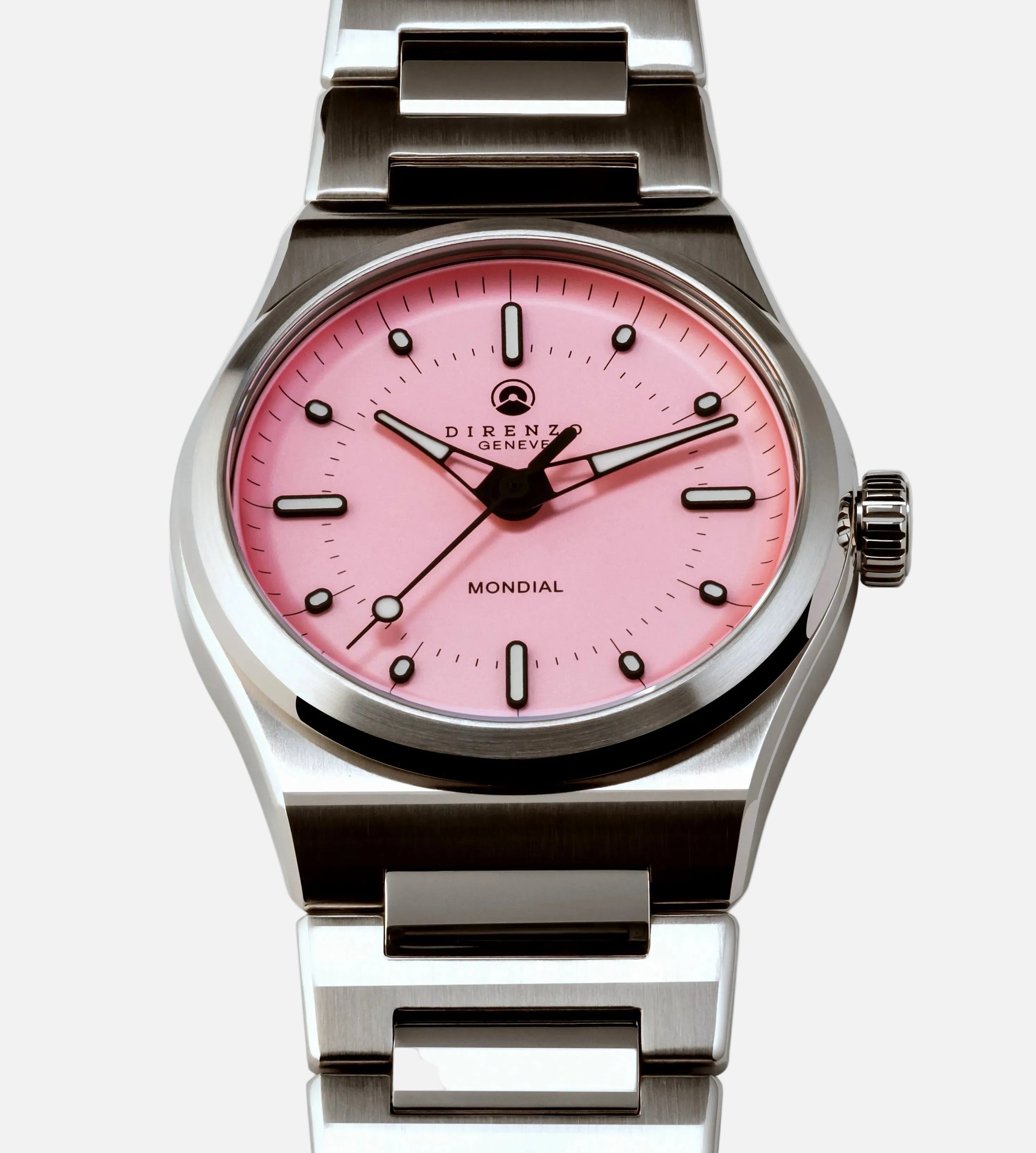 Watch with pink face and silver metal strap on white background