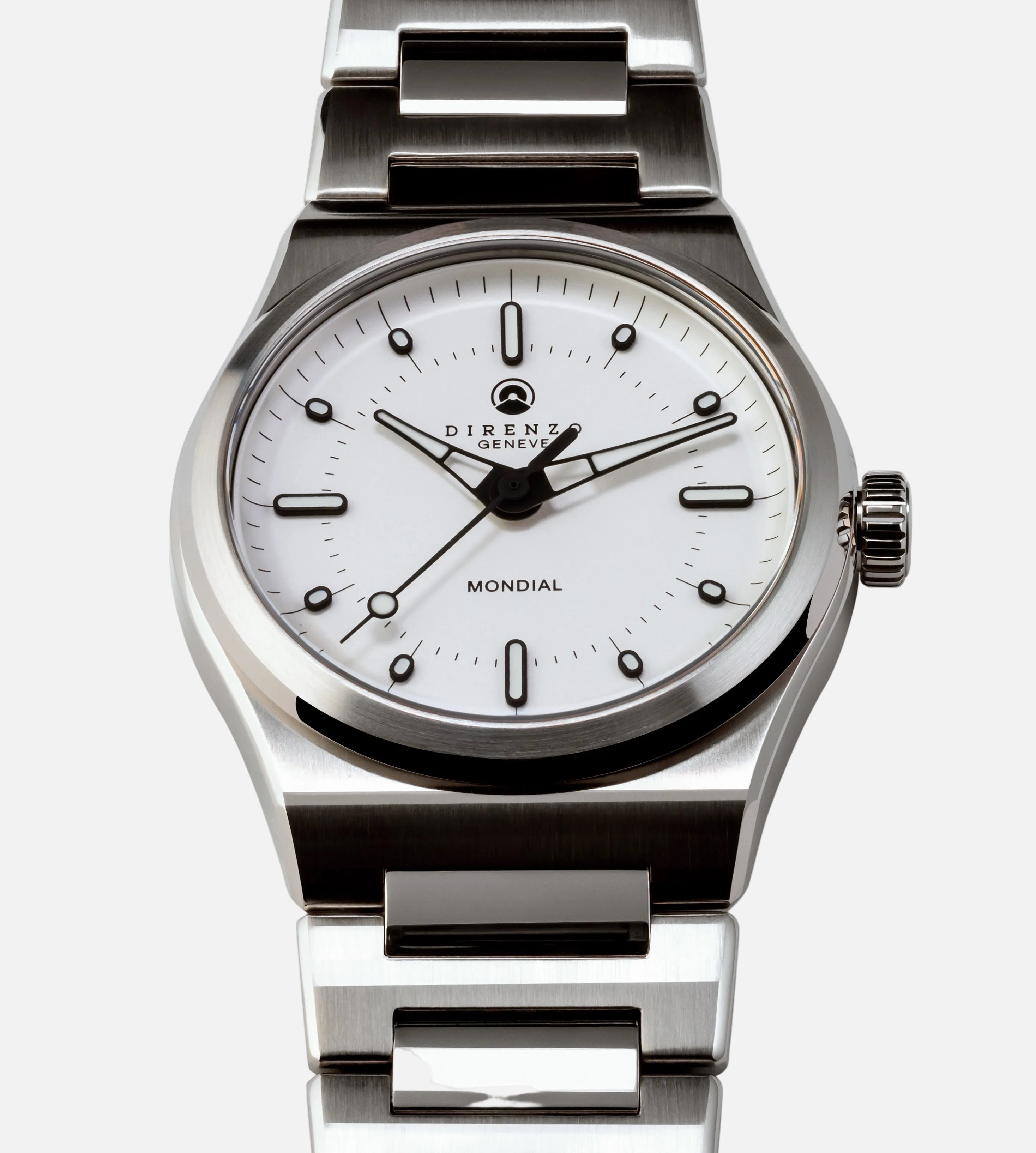 Silver wristwatch with a white dial on a white background