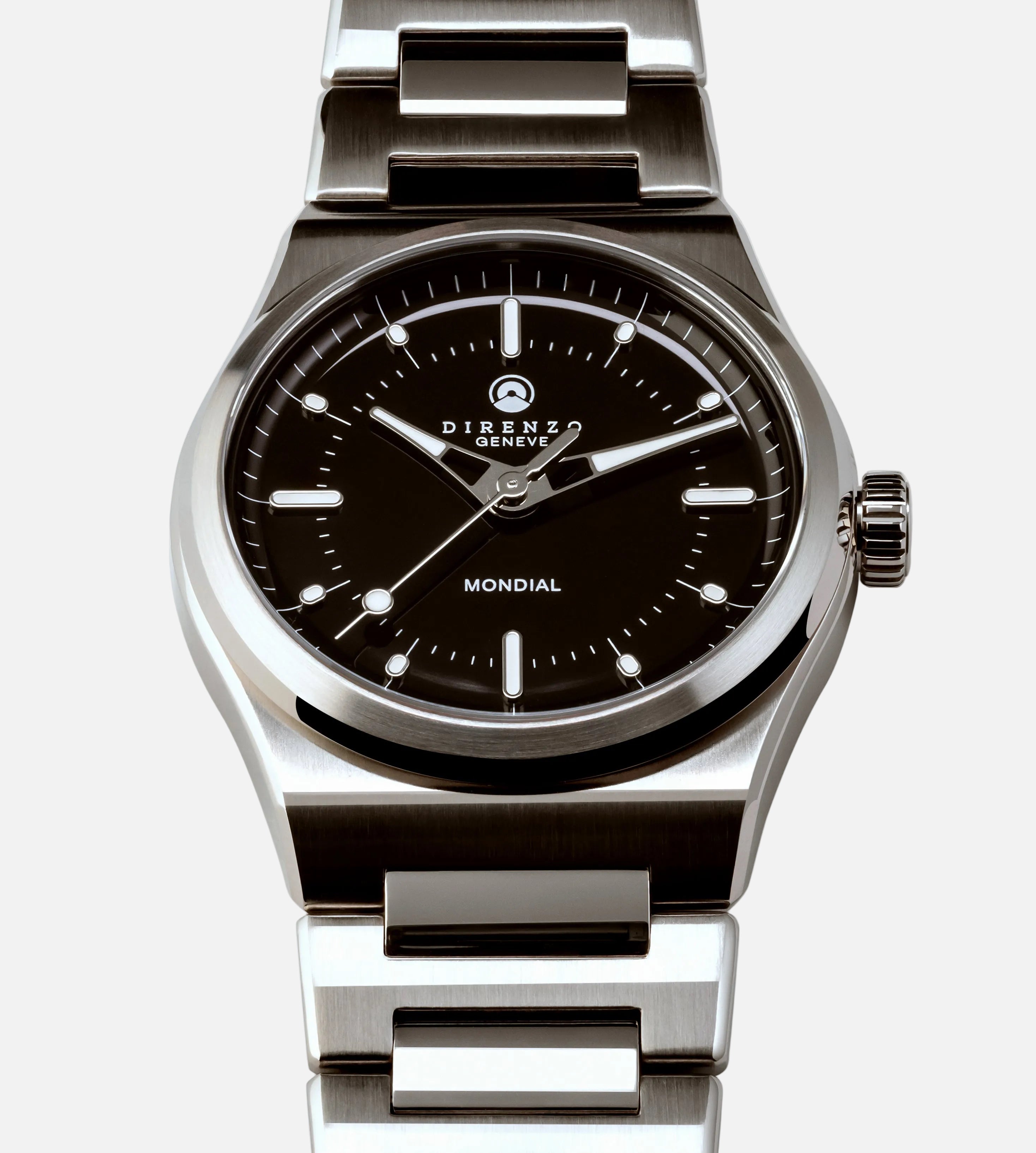 Silver watch with black dial on a white background