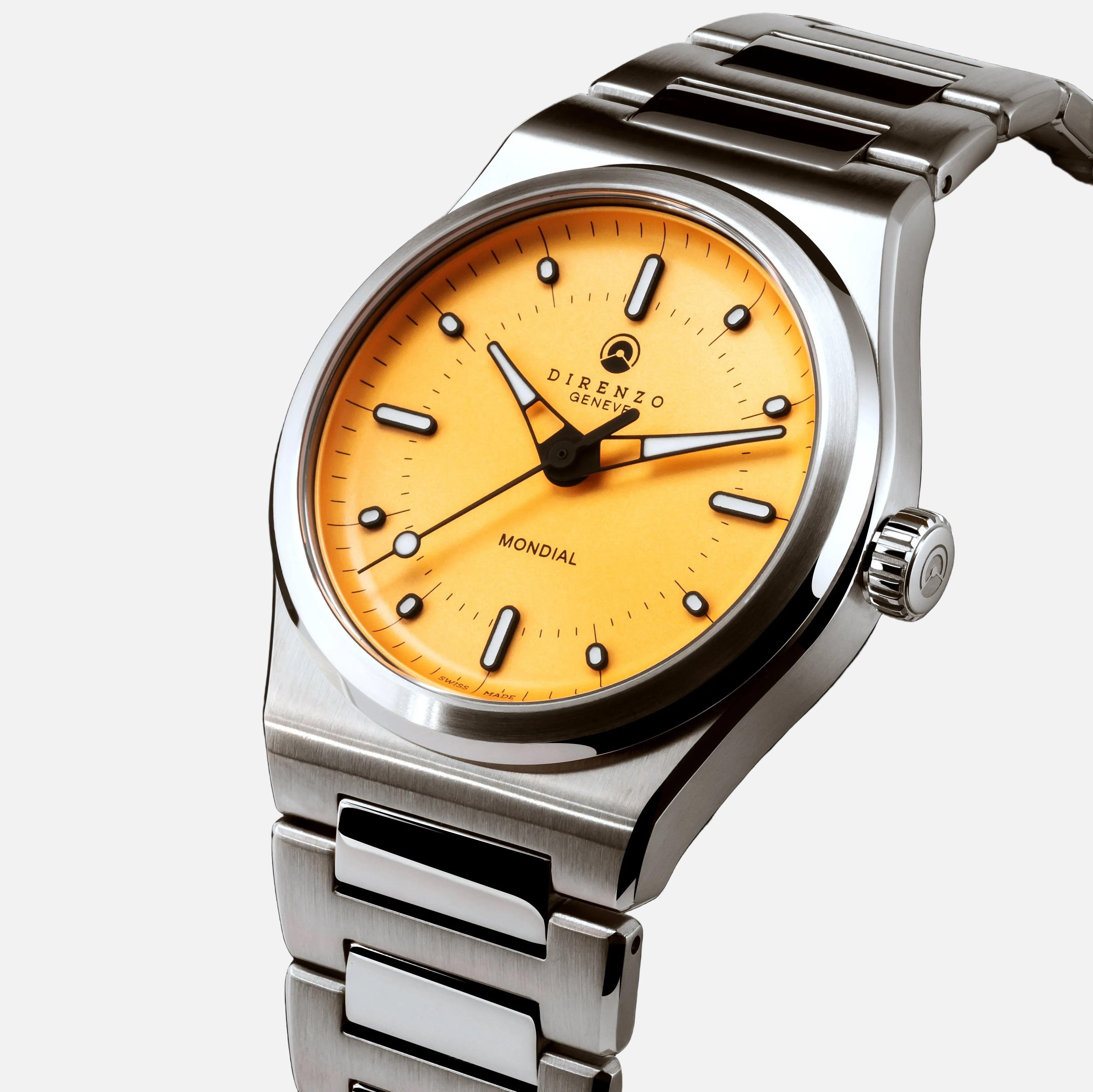 Silver watch with a yellow dial on a black background