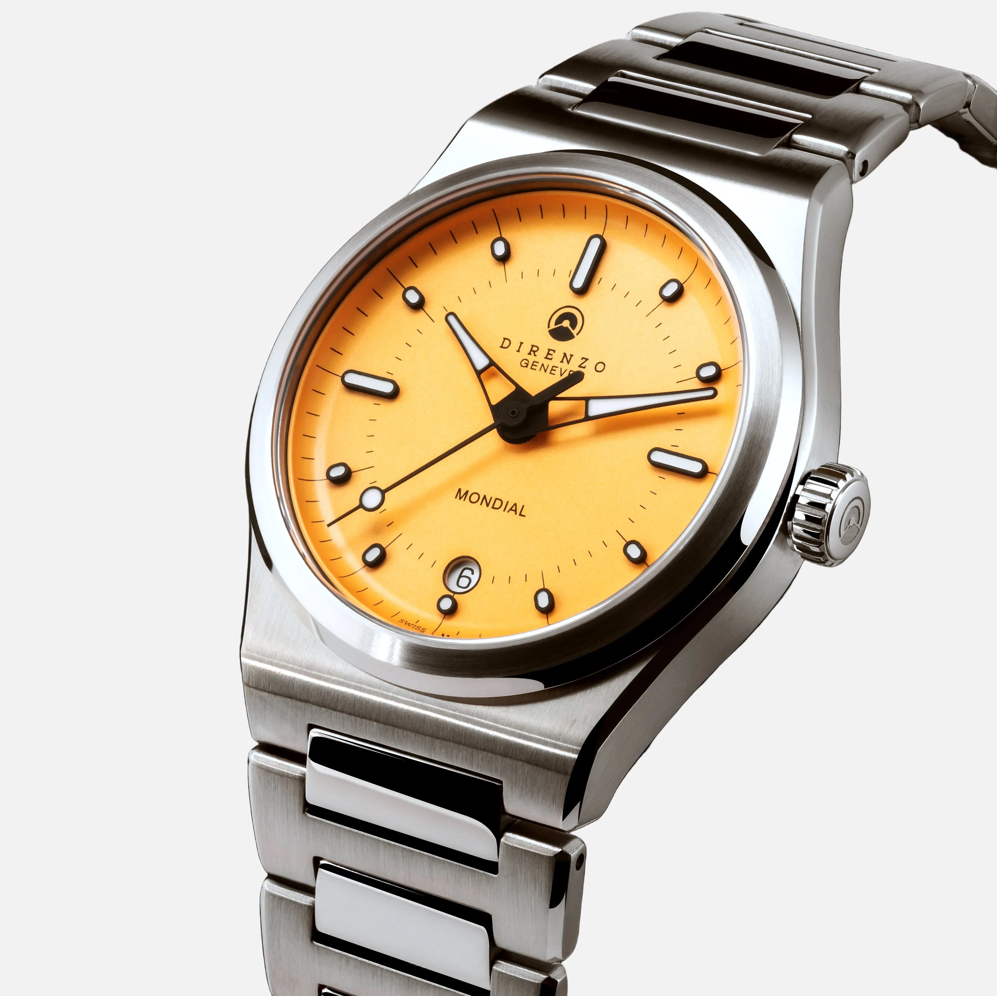 Silver watch with a yellow dial on a black background