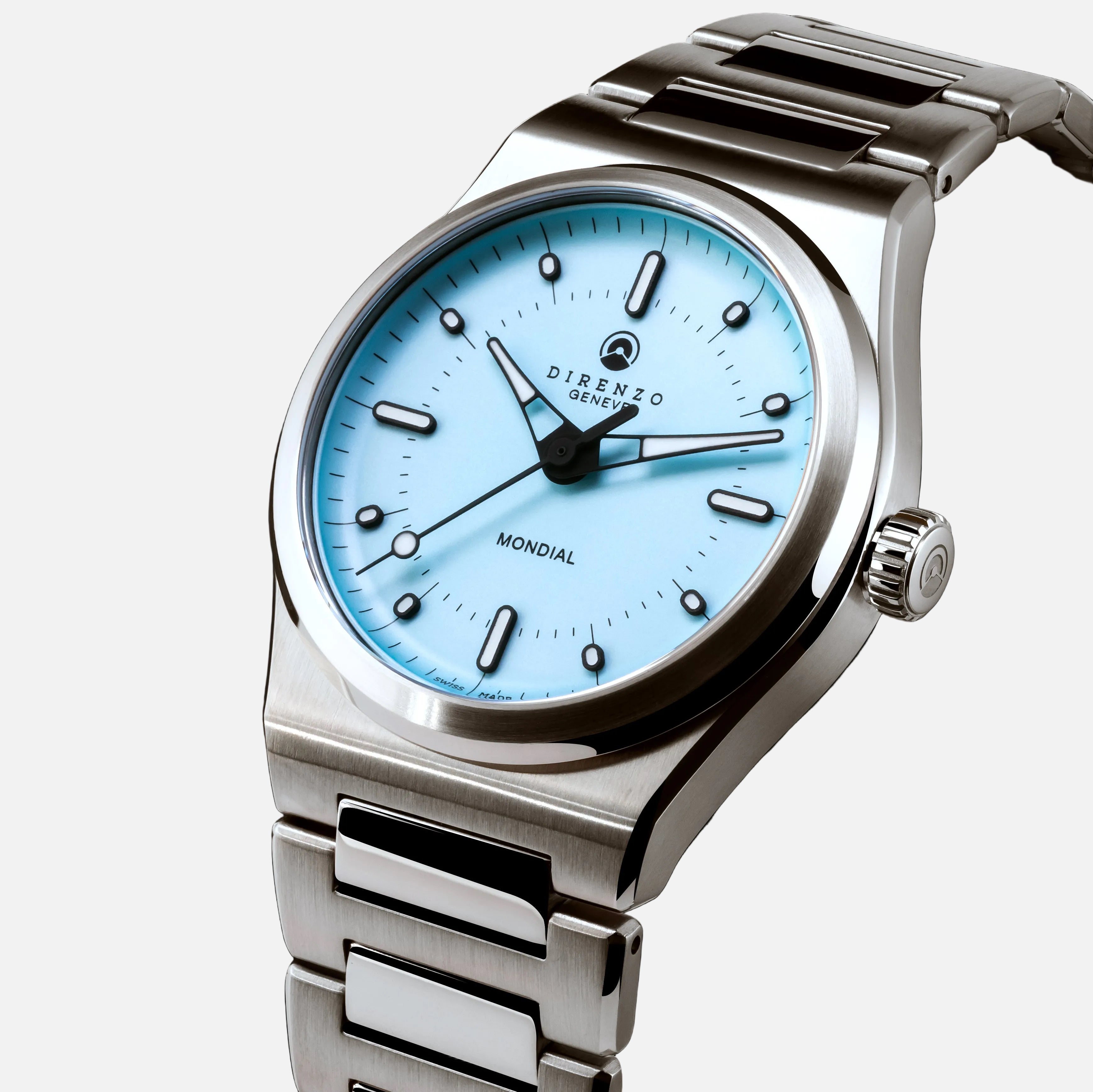 Silver watch with a blue face on a black background