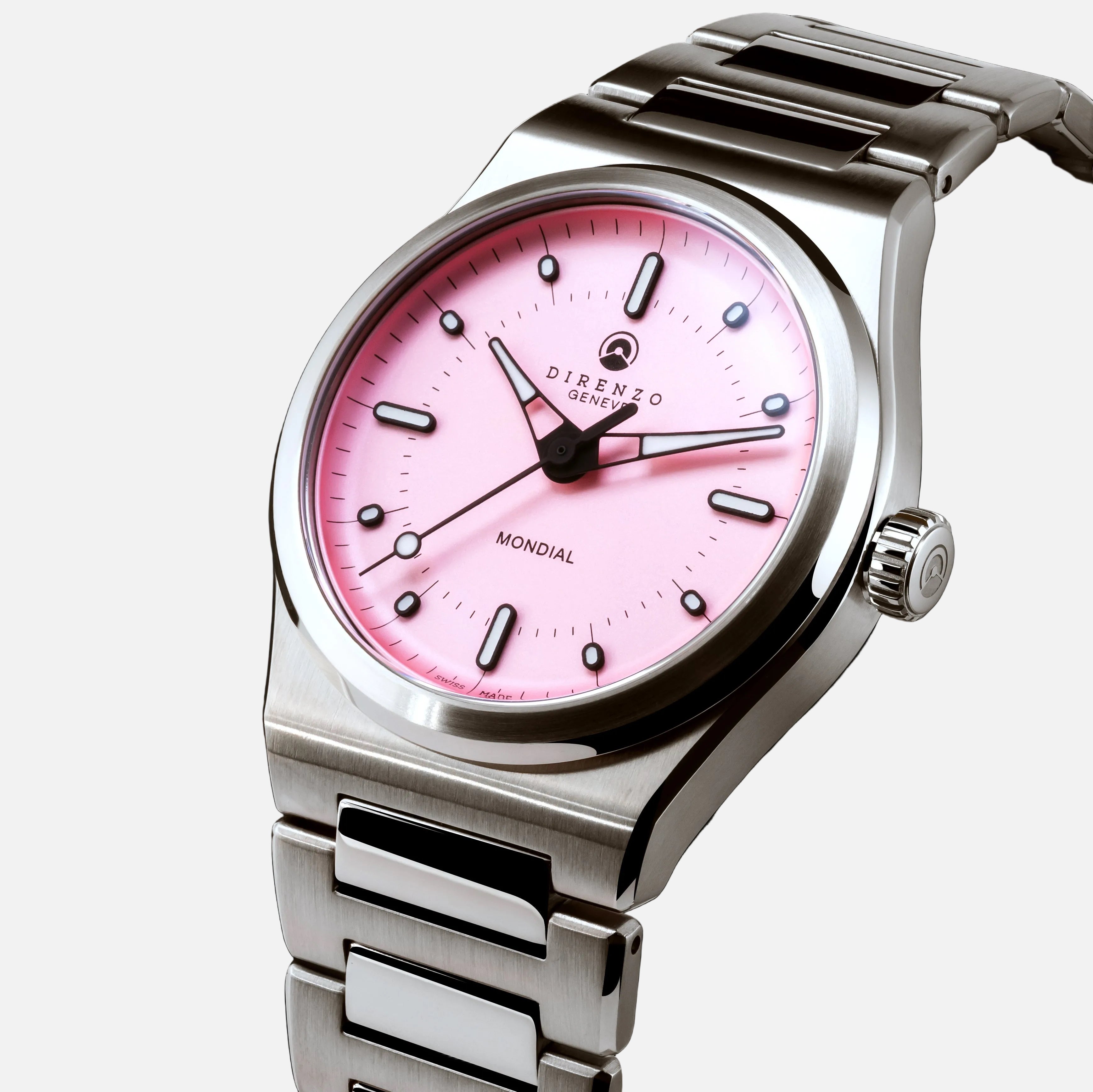 Silver watch with a pink face on a black background