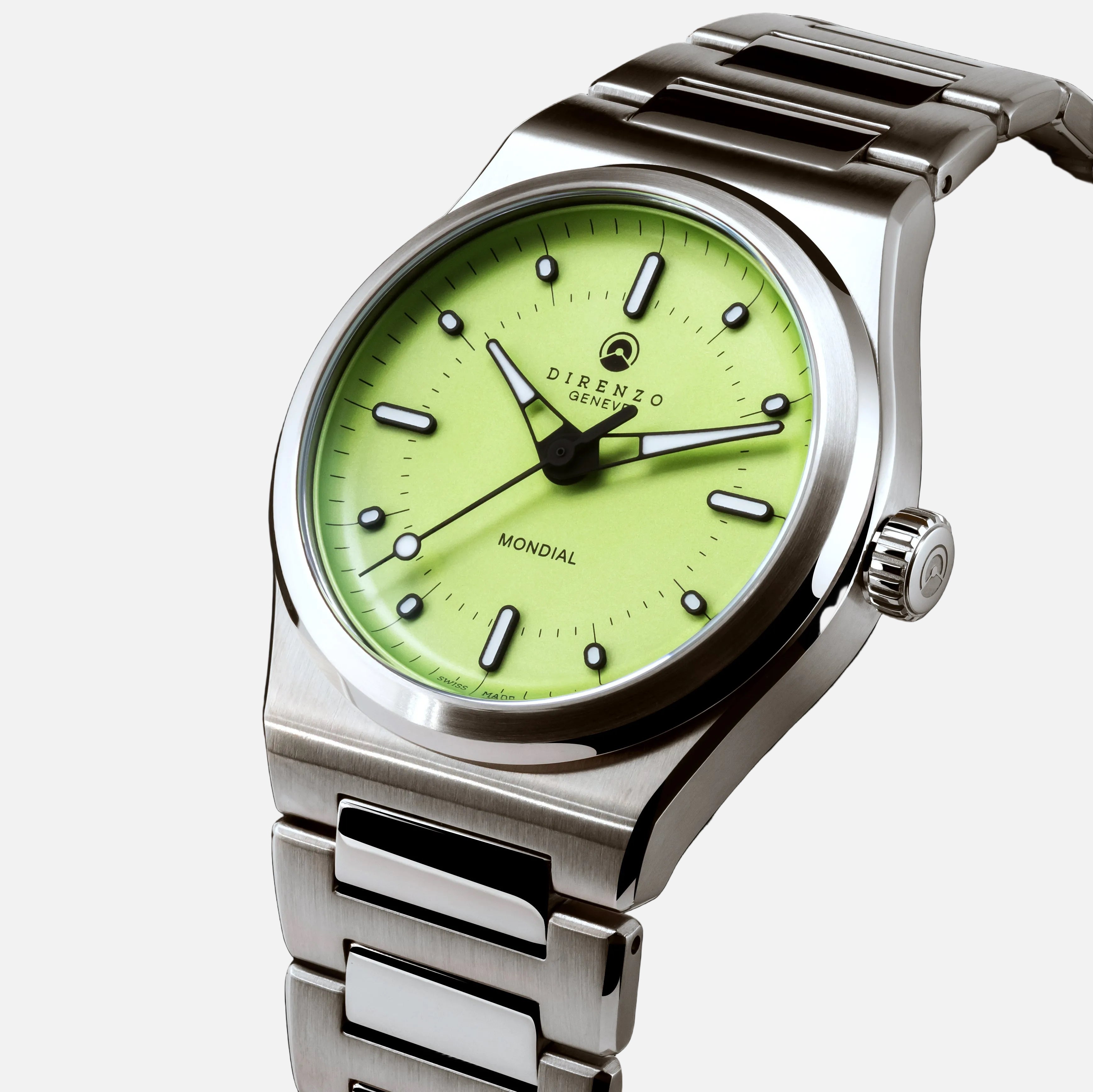 Silver watch with a green dial on a black background