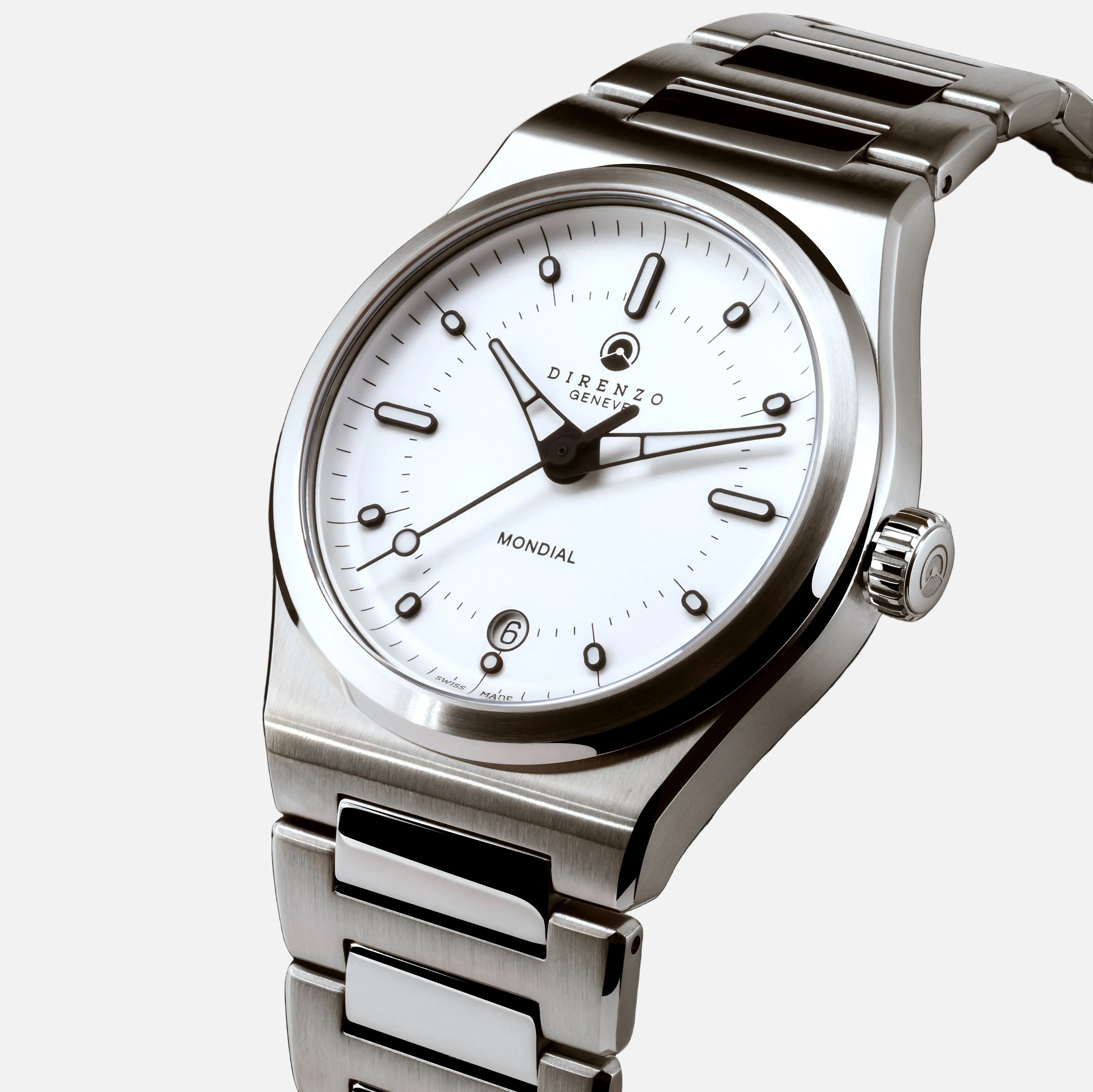 Silver wristwatch with a white dial on a black background