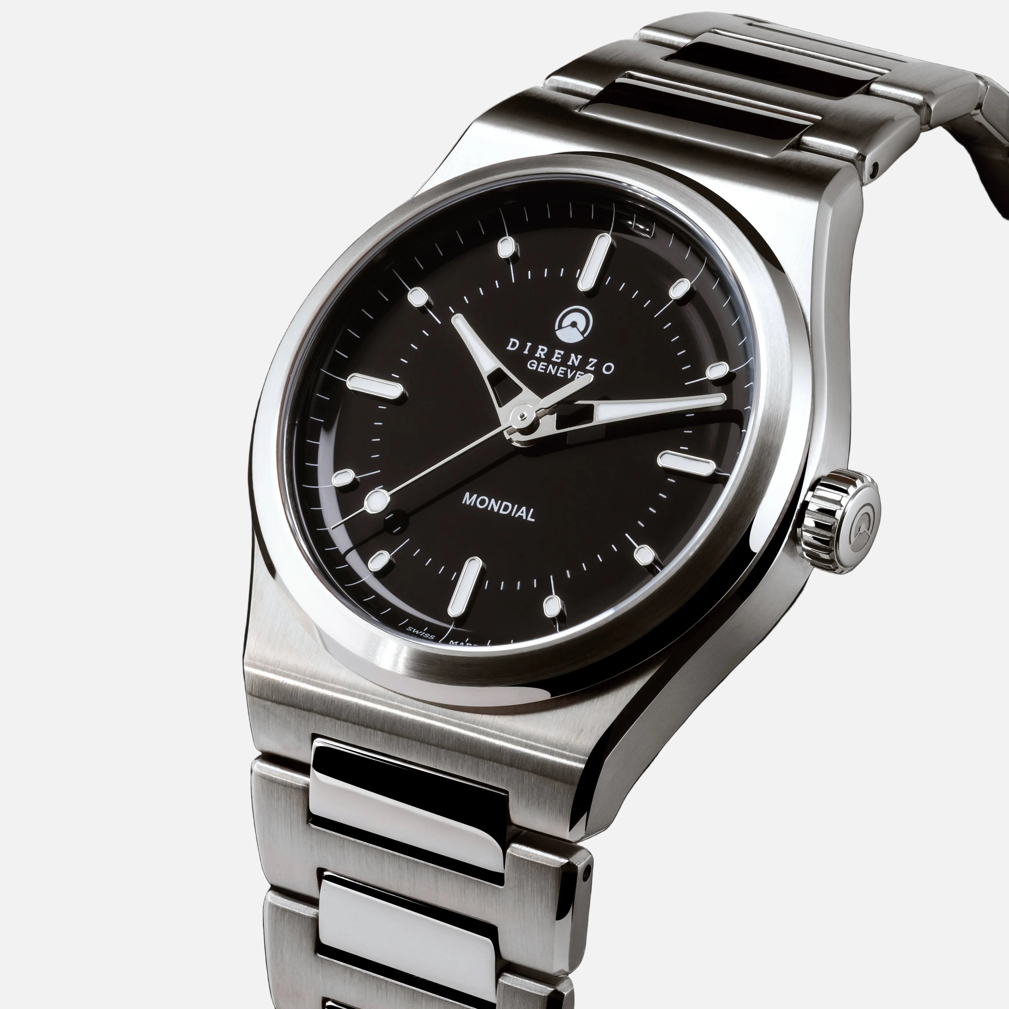 Silver wristwatch with black dial on a black background