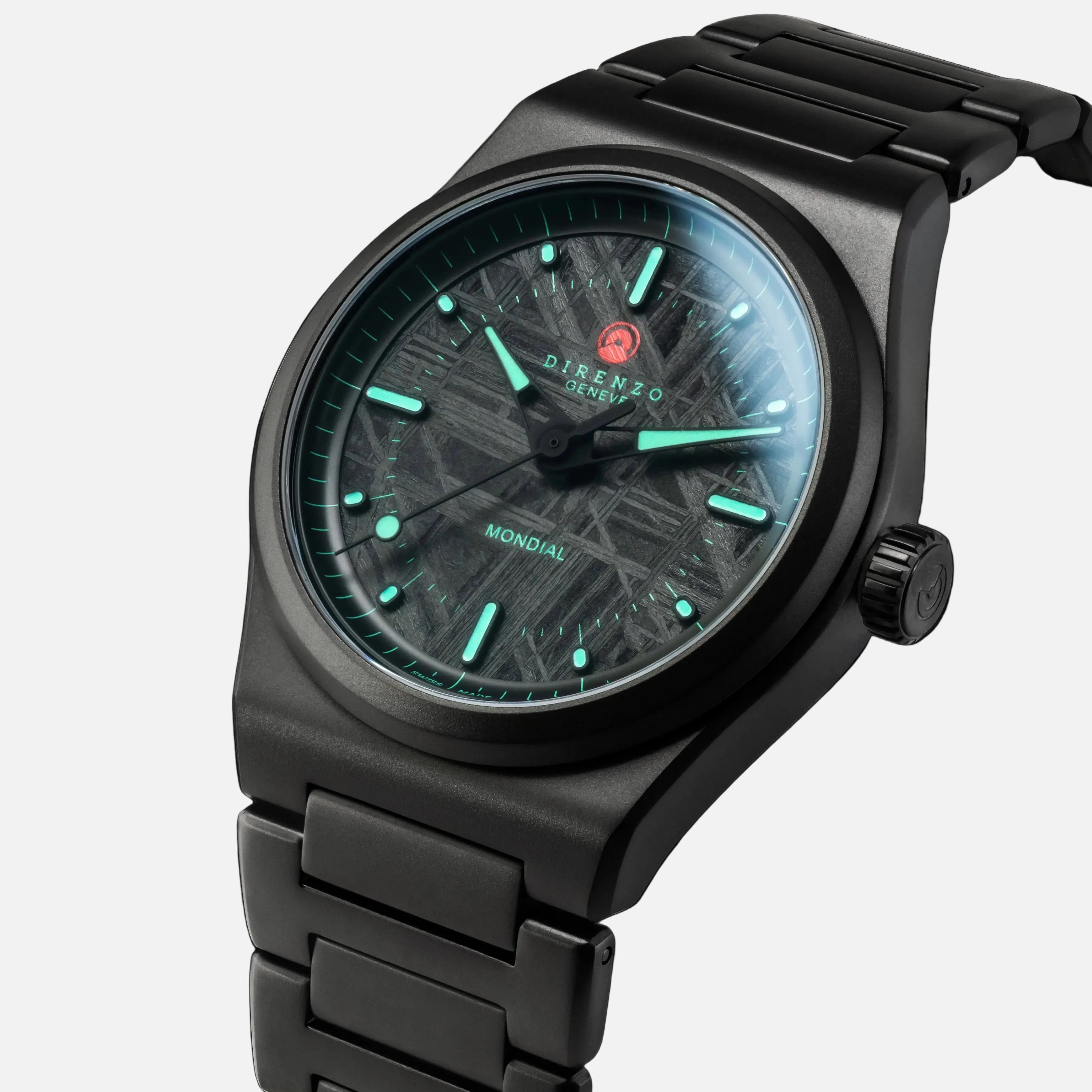 Black wristwatch with a detailed face on a dark background