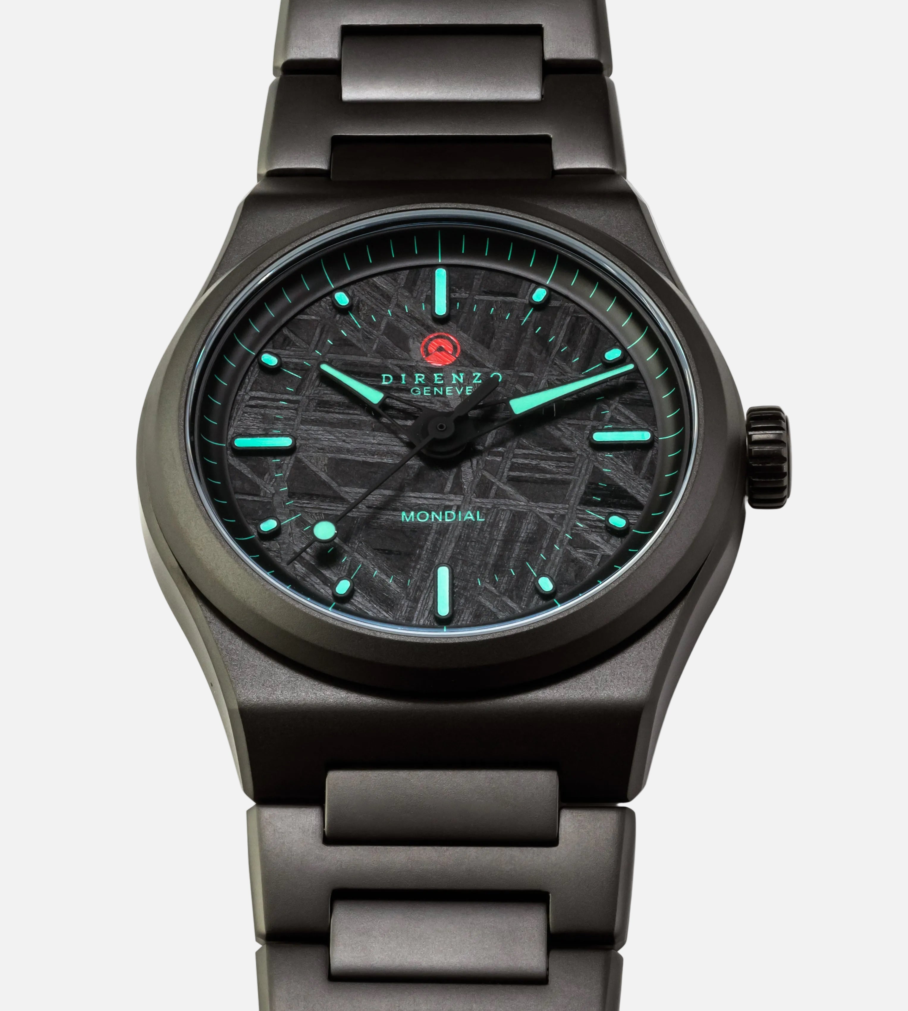 Black wristwatch with detailed face on a white background