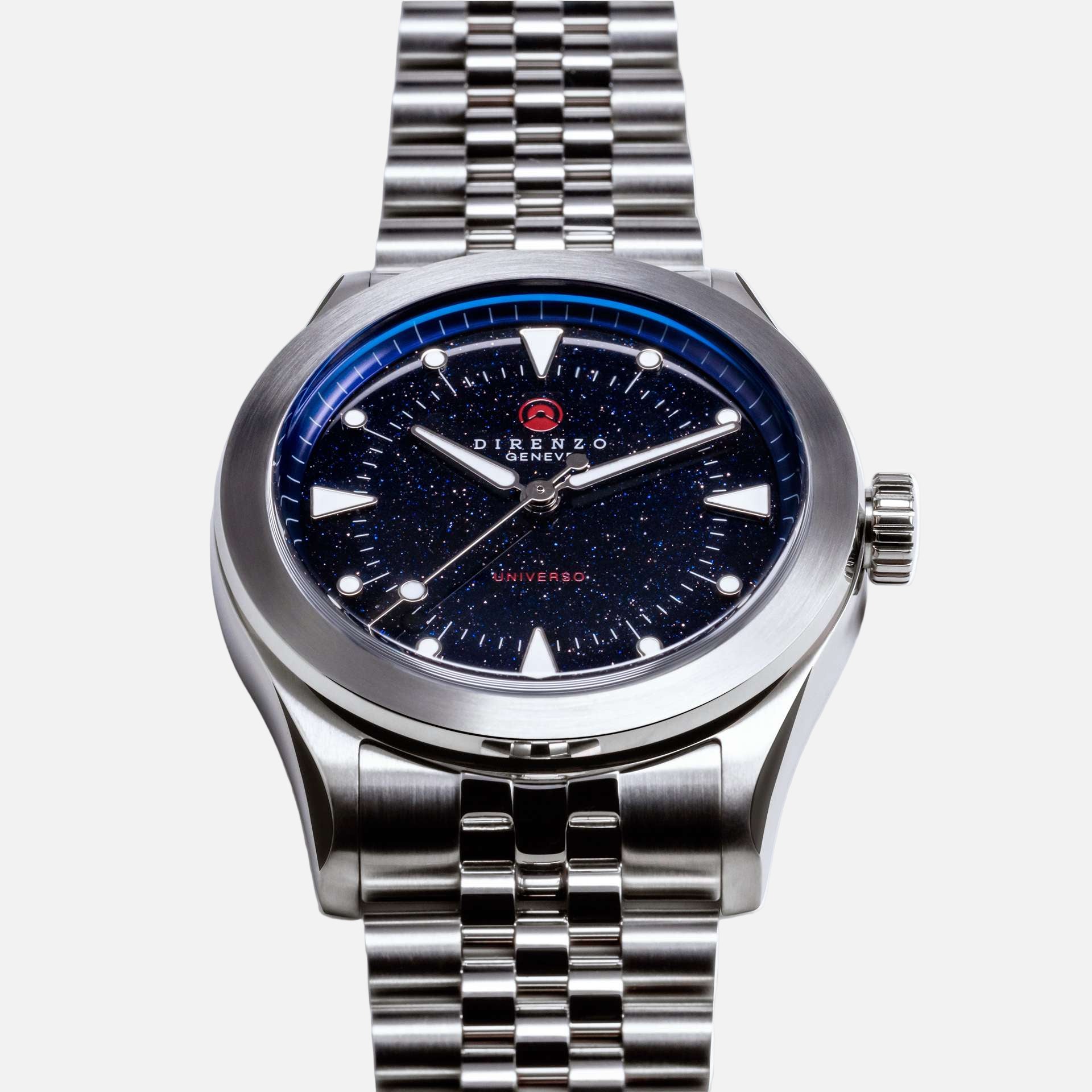 Silver watch with a blue face on a white background