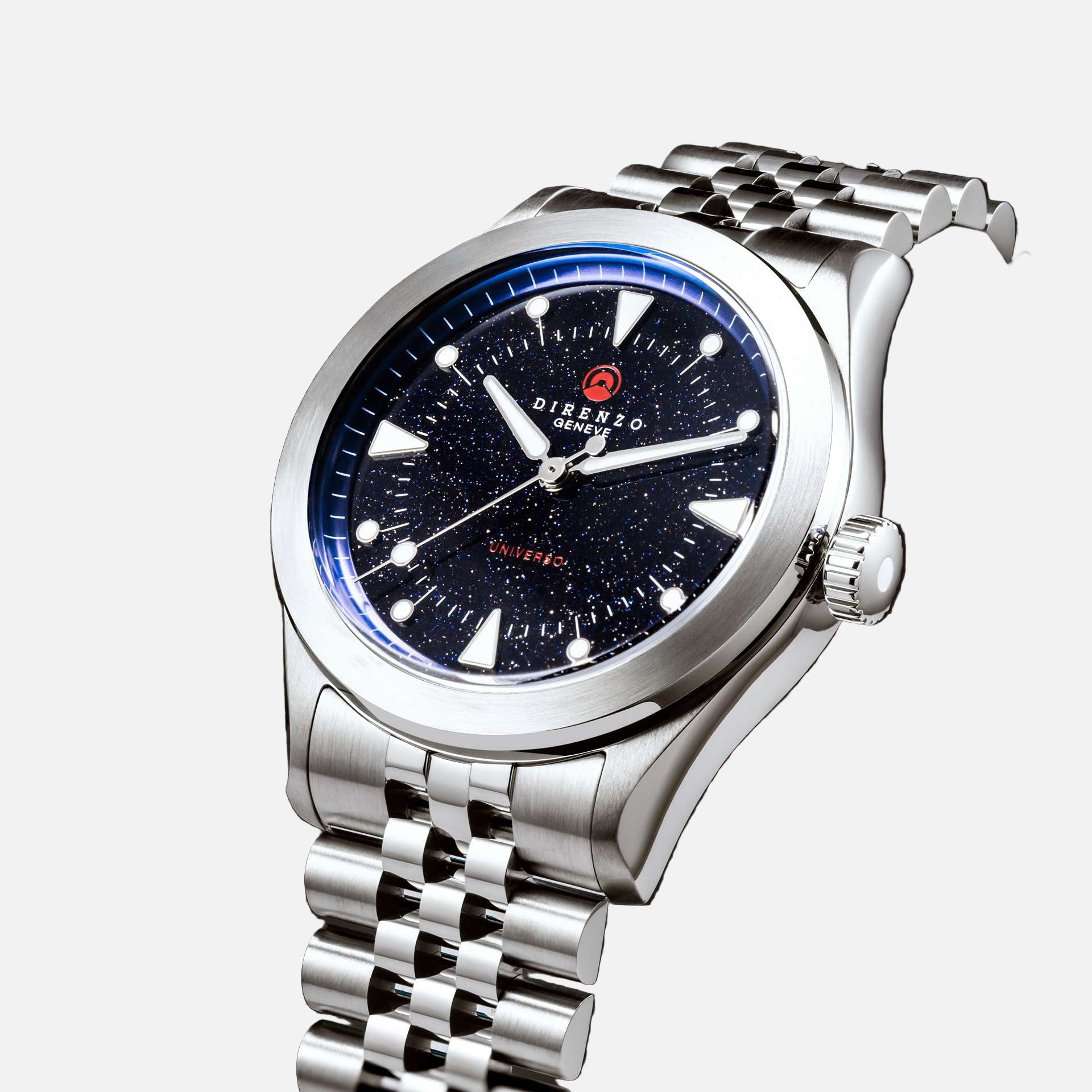 Silver wristwatch with a starry night dial on a dark background