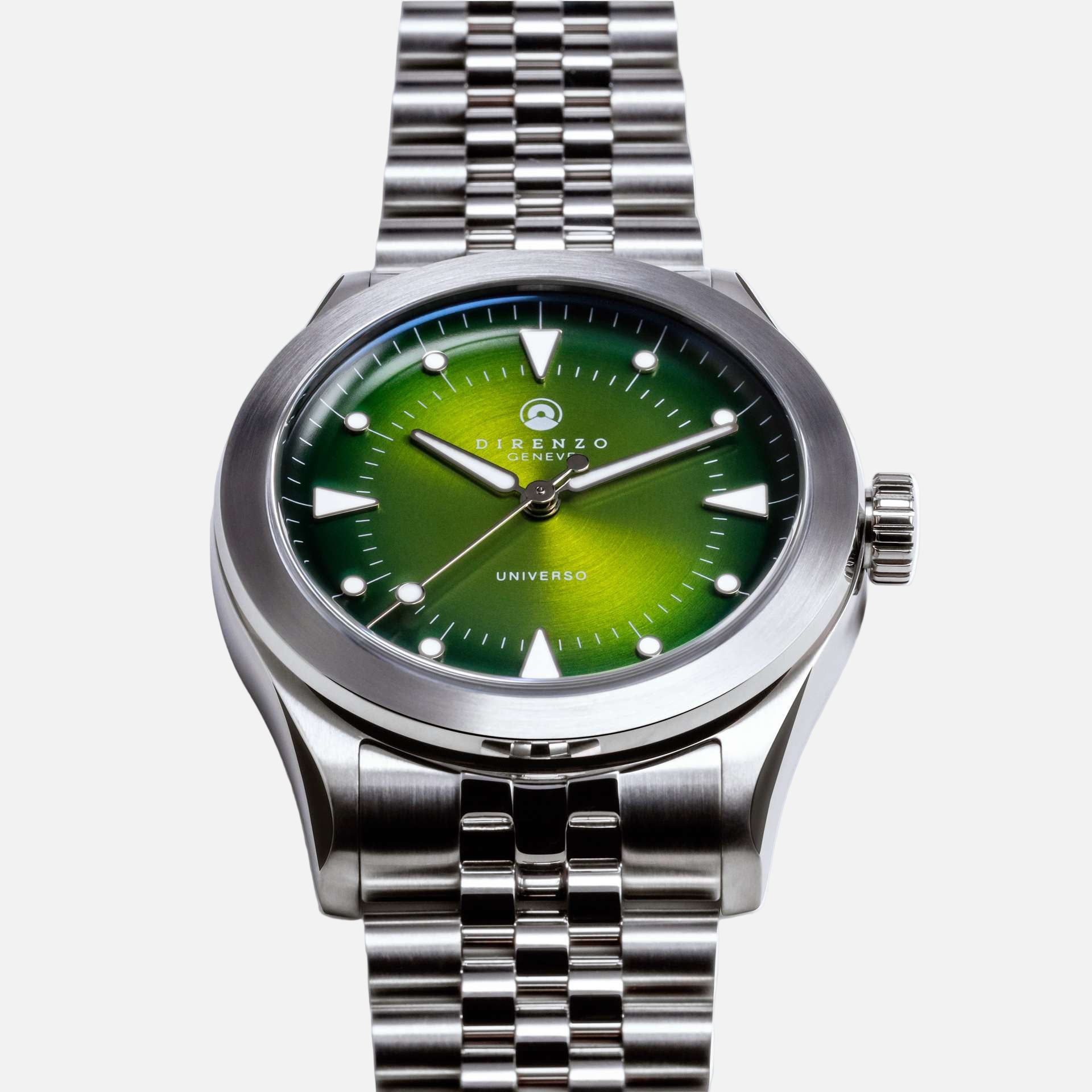 Silver watch with a green face on a white background