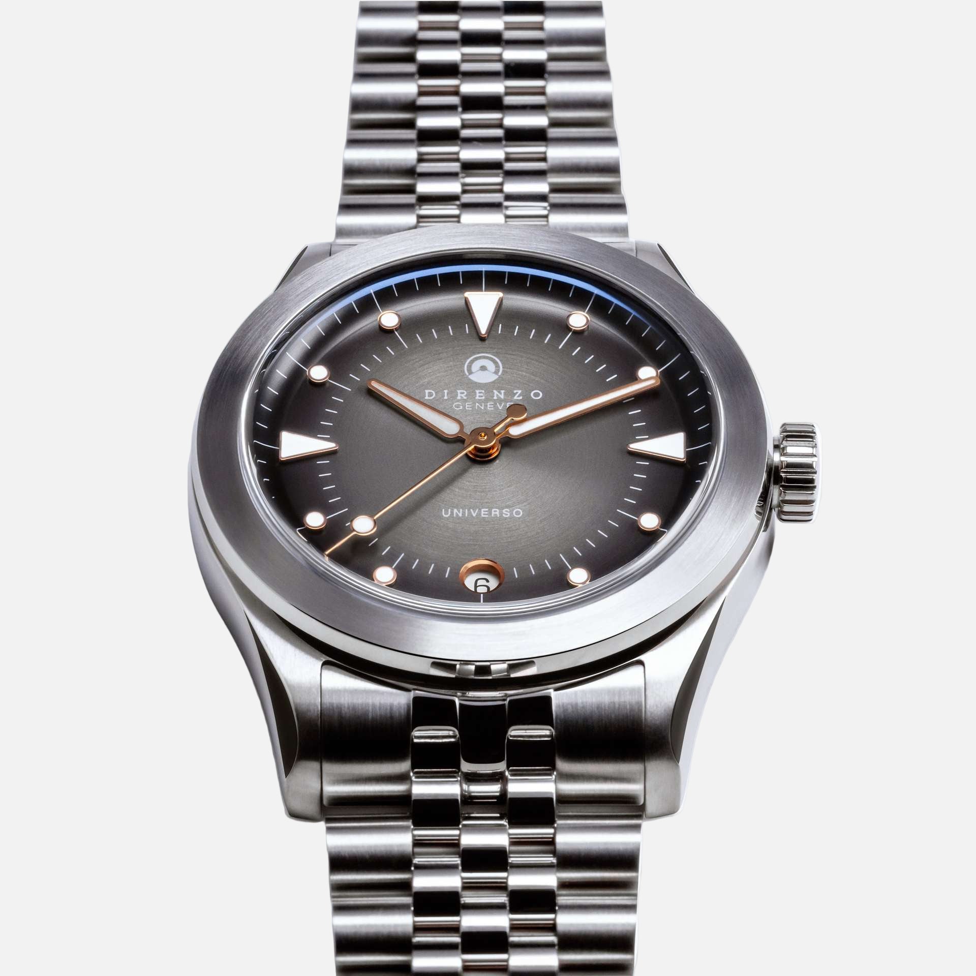 Silver watch with a dark face on a white background