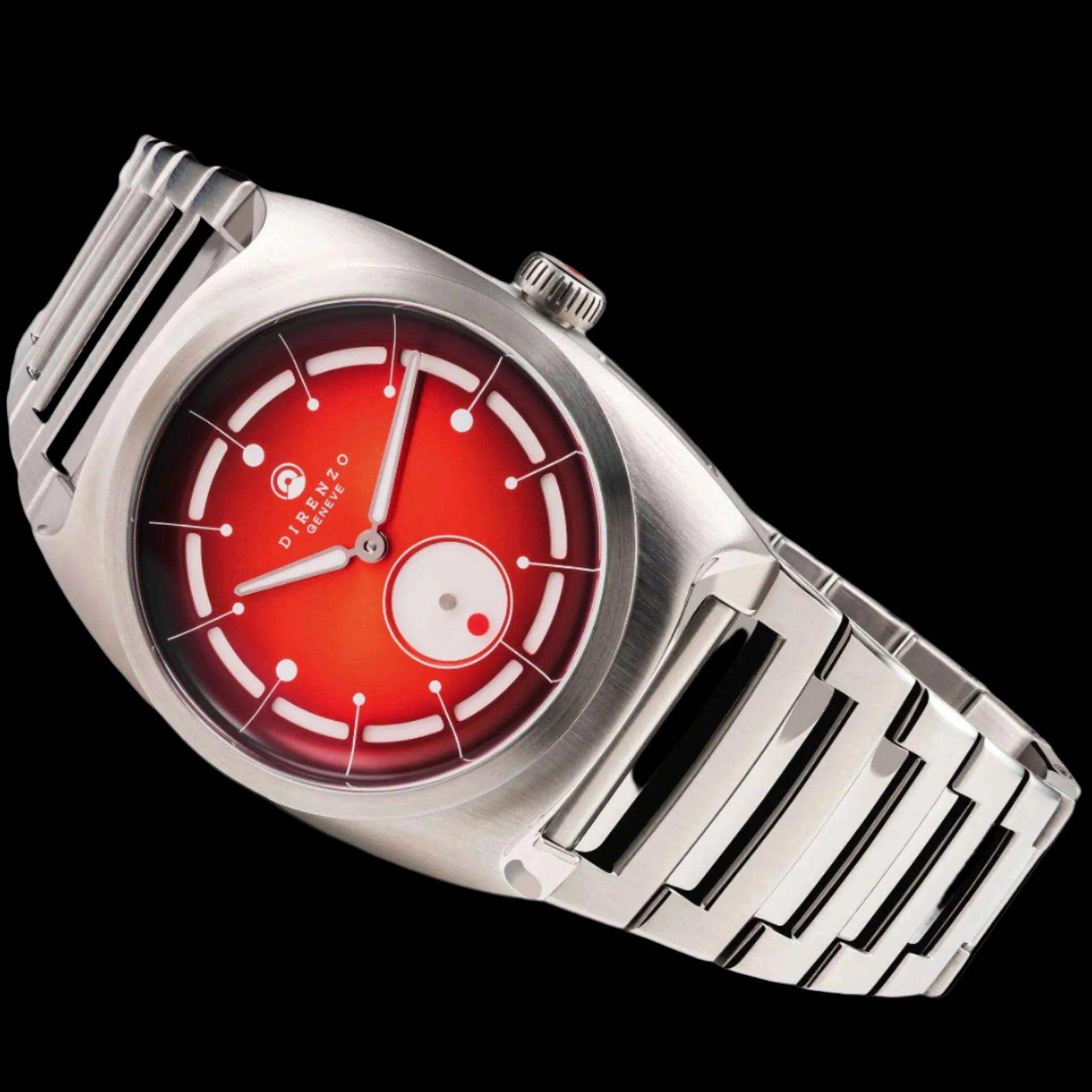 Wristwatch with red face and silver metal strap on black background