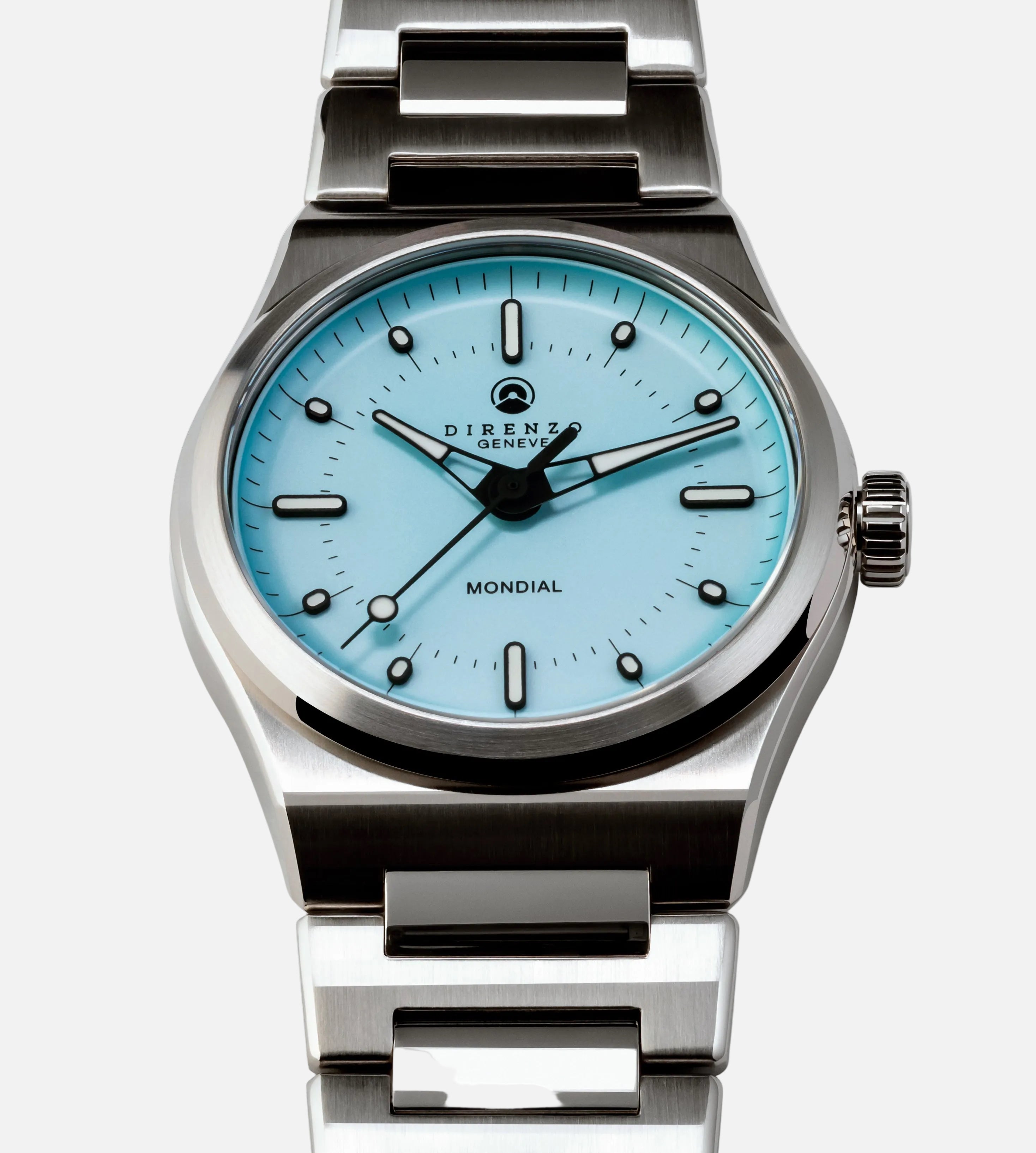 Silver watch with a blue face on a white background