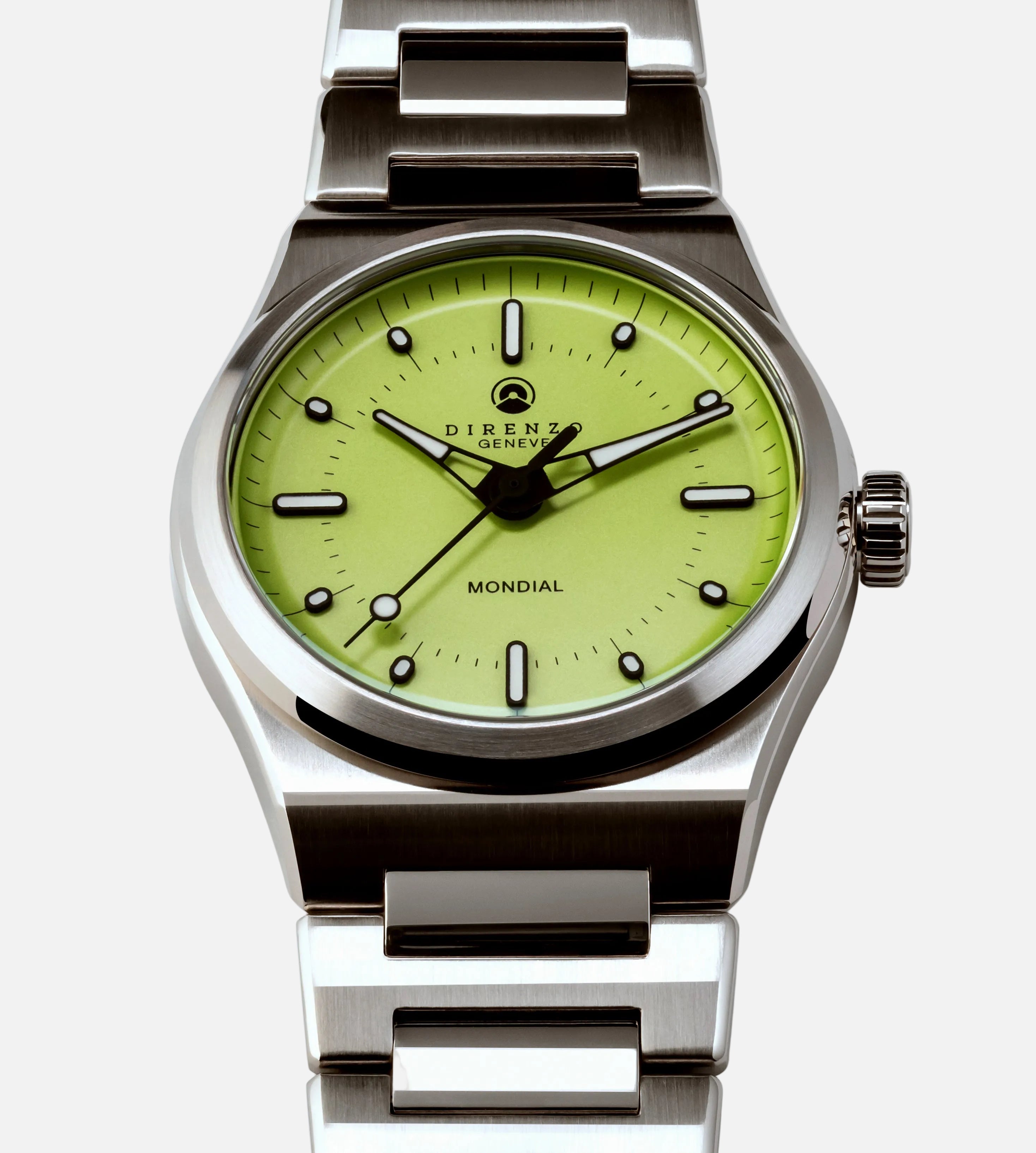 Watch with a green face and silver case on a white background