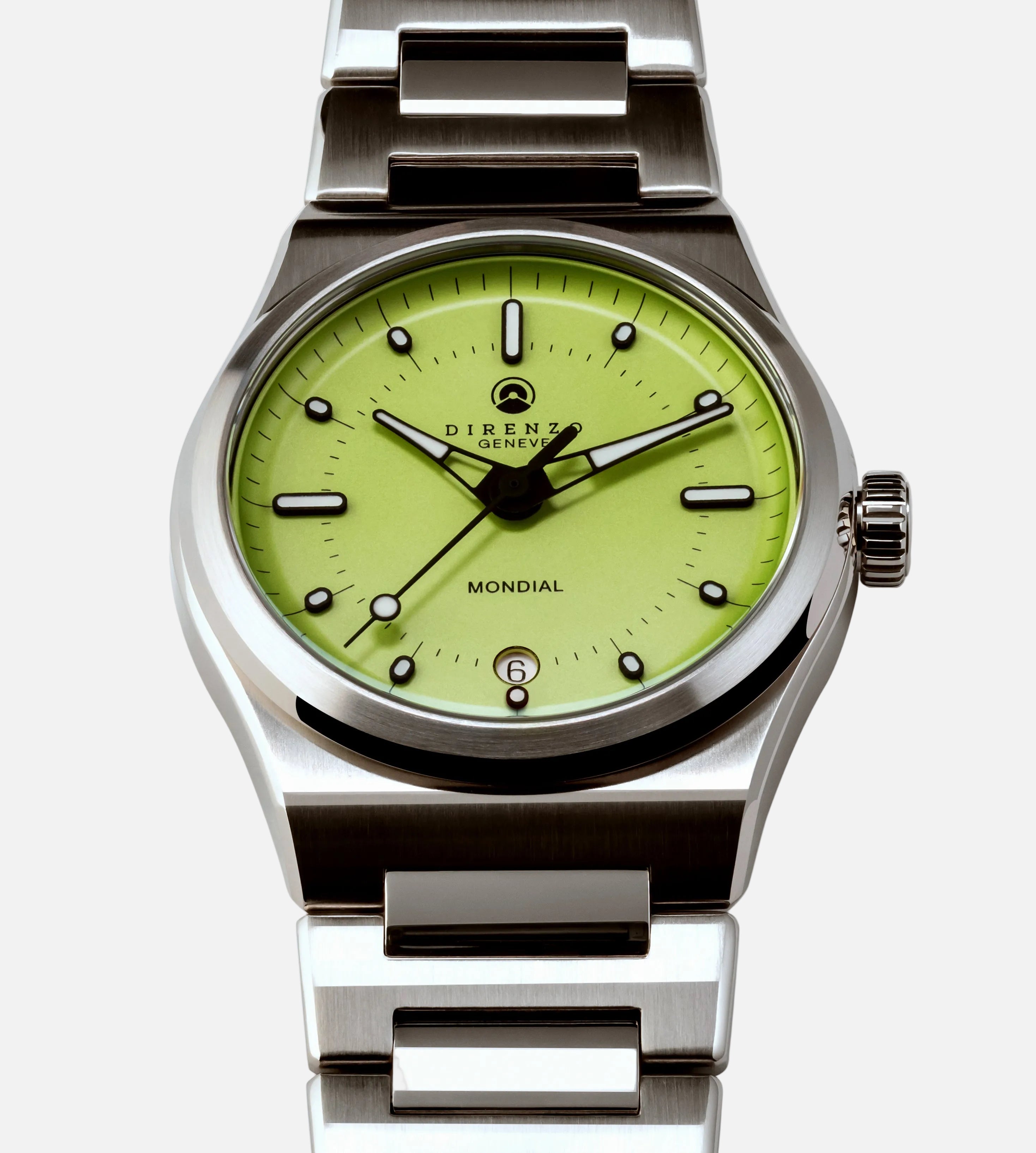 Silver watch with a green face on a white background
