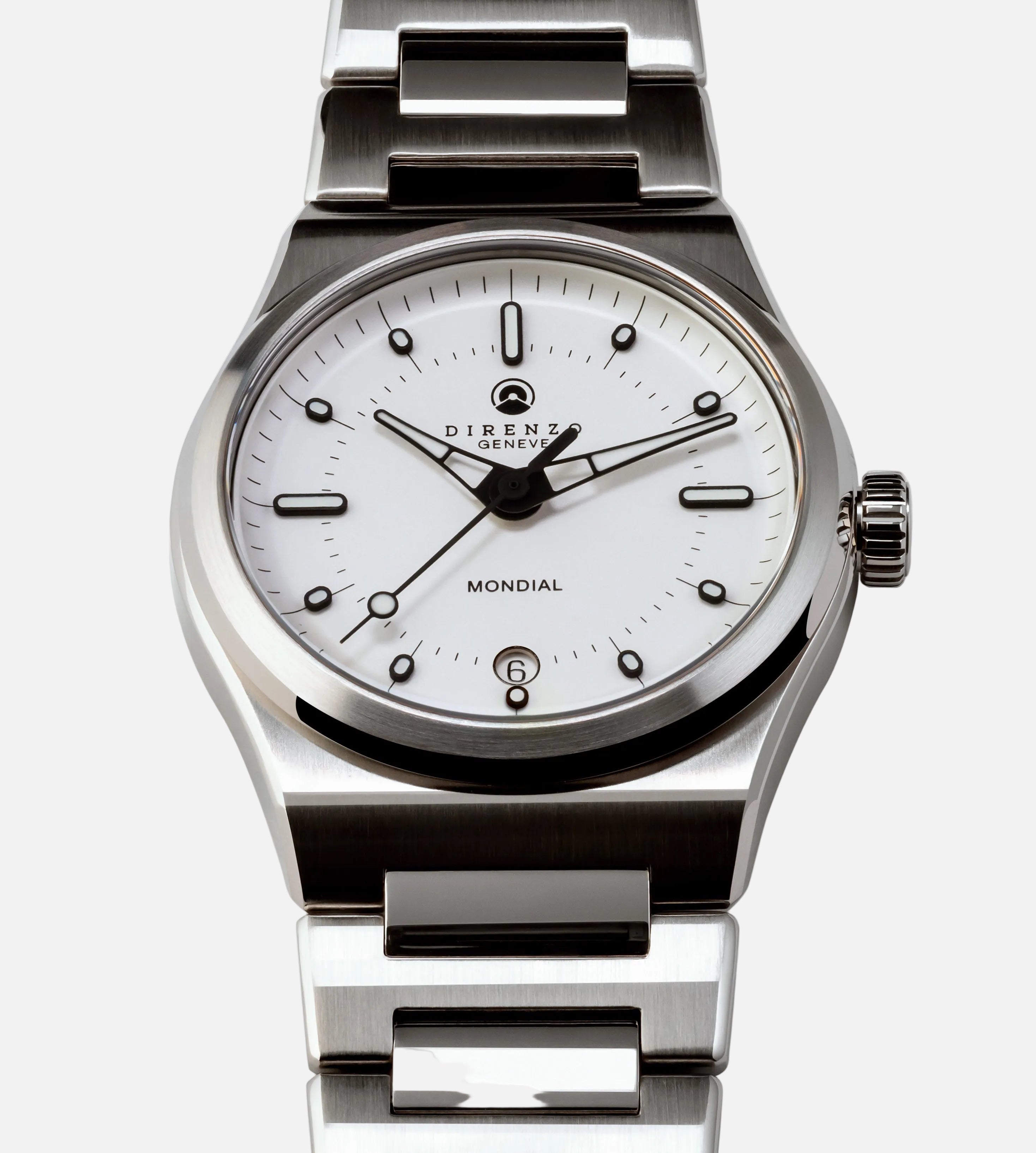 Silver watch with a white face on a white background
