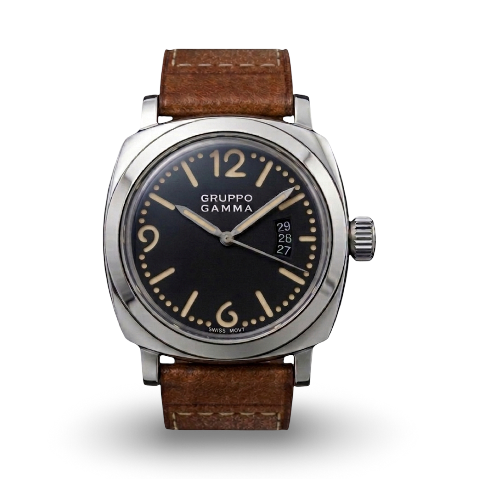 A Gruppo Gamma wristwatch with a round silver-tone case, a dark textured dial, and a brown leather strap, shown against a plain white background.