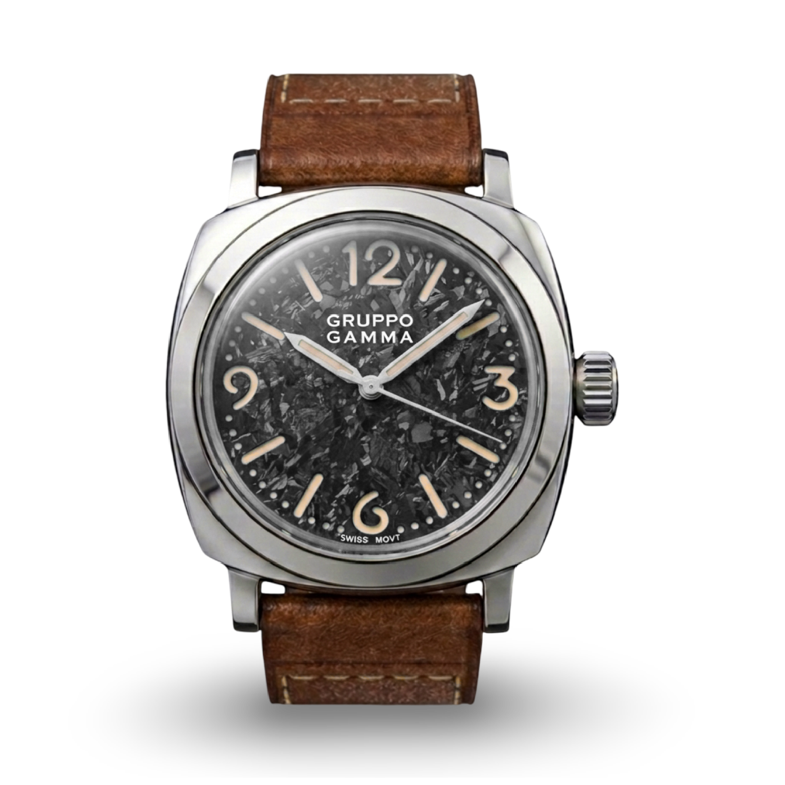 A Gruppo Gamma wristwatch with a round silver-tone case, a dark textured dial, and a brown leather strap, shown against a plain white background.