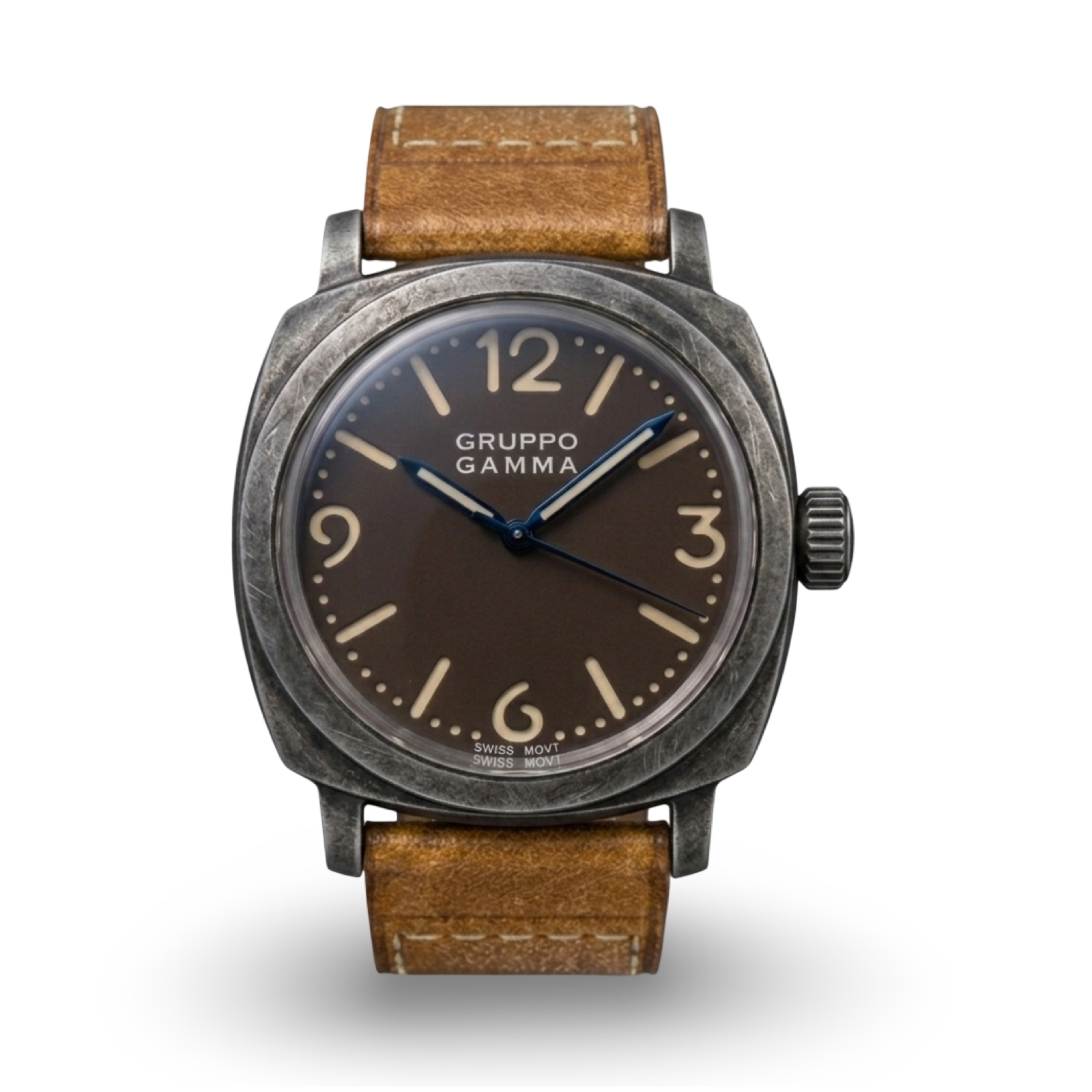 A Gruppo Gamma wristwatch with a round, heavily textured dark gray metal case, a dark brown dial with beige Arabic numerals and blue hands, and a brown leather strap, shown against a plain white background.