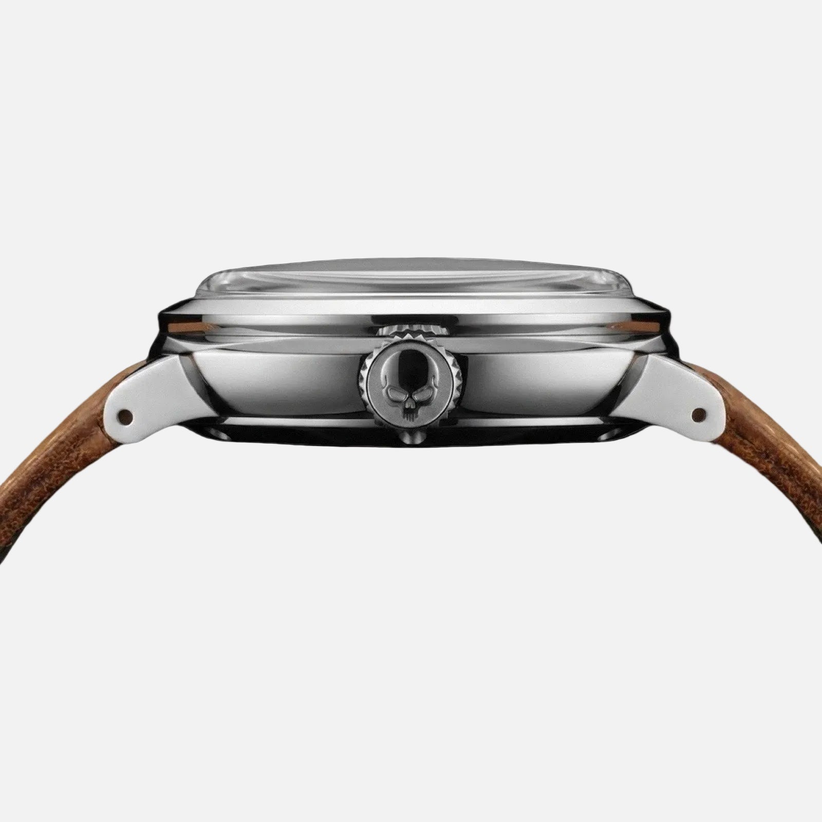 Close-up side view of a wristwatch with a polished silver-tone metal case, a clear crystal, and a brown leather strap on a white background.